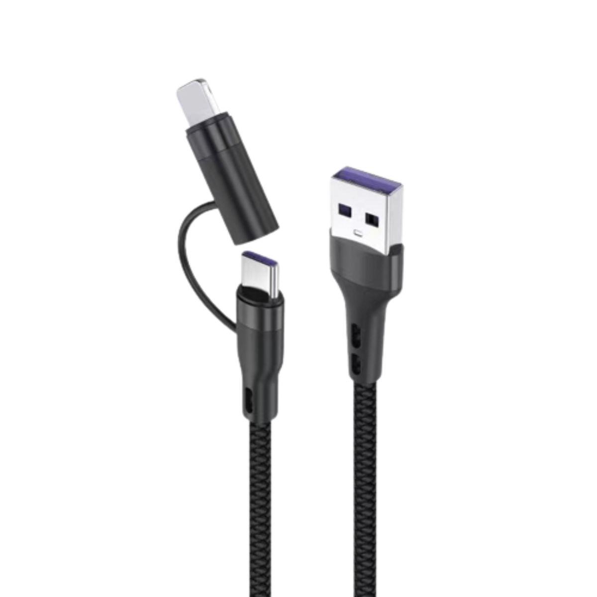 Schwarzes Ladekabel mit drei Anschlüssen: Lightning, USB-C und USB-A. Geflochtenes Kabeldesign.
