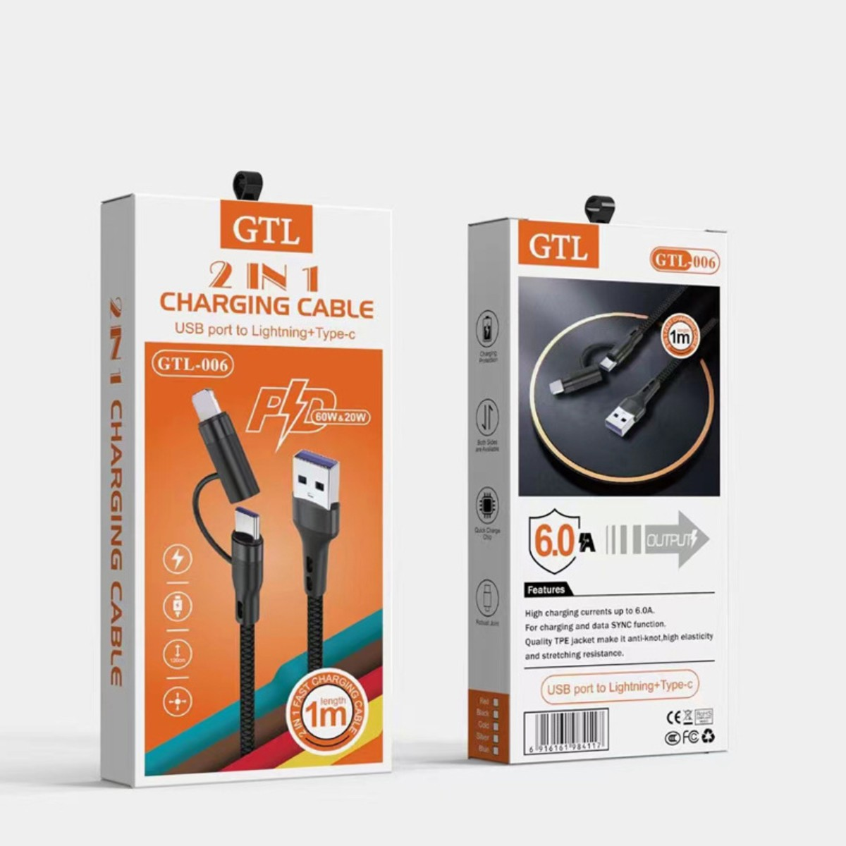 Verpackung für ein 2-in-1-Ladekabel mit Funktionen und USB-Anschluss.