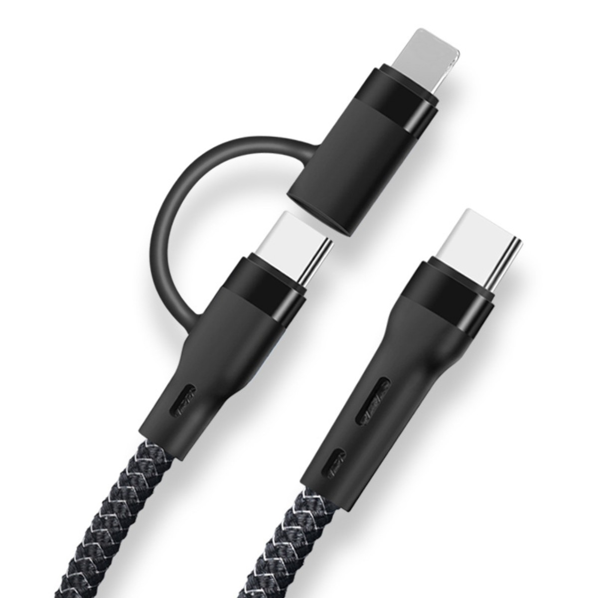 Doppeltes schwarzes USB-C-auf-Lightning-Kabel. Ein Ende Lightning, das andere USB-C, verbunden.