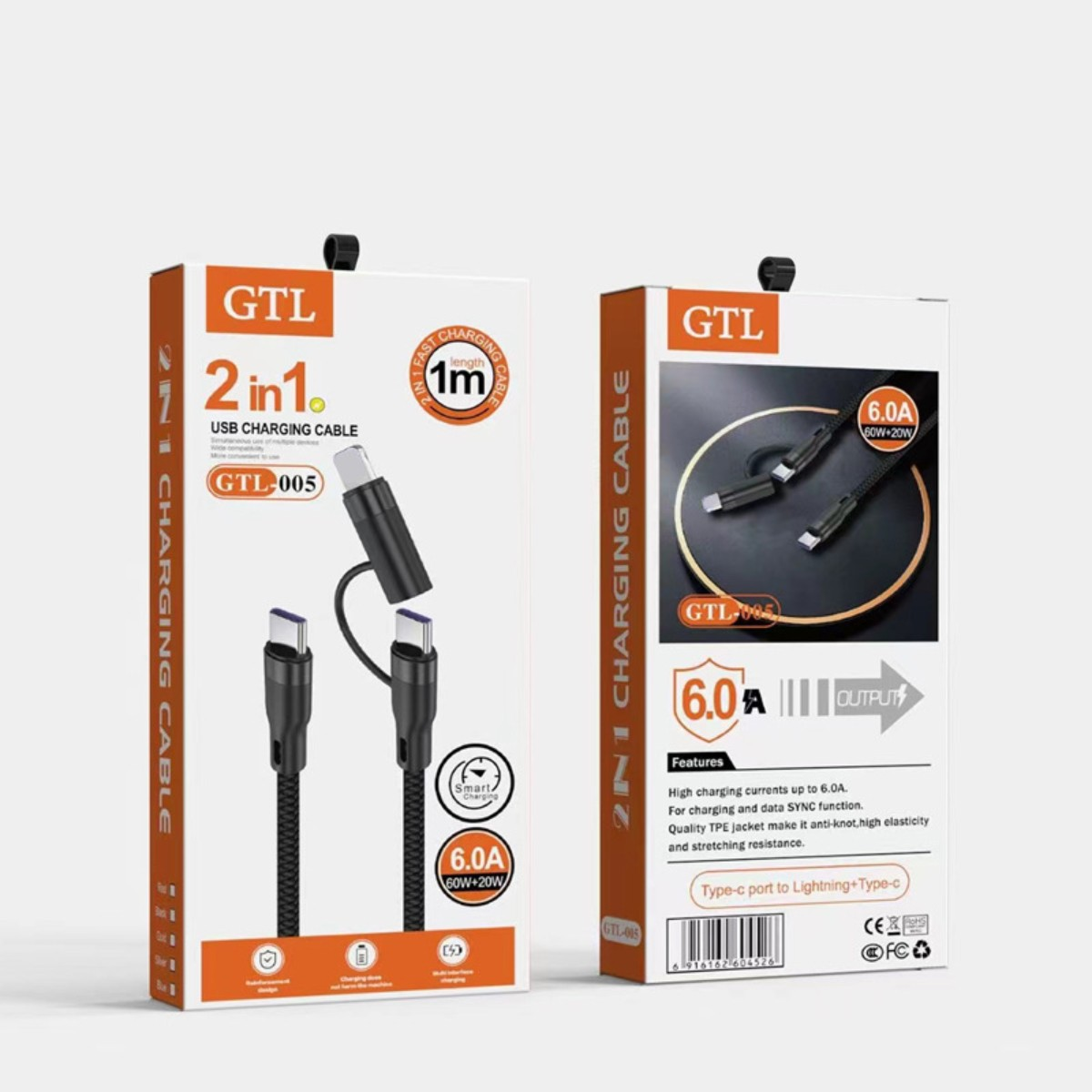 Verpackung eines USB-Ladekabels, das das Kabel und seine Funktionen zeigt.