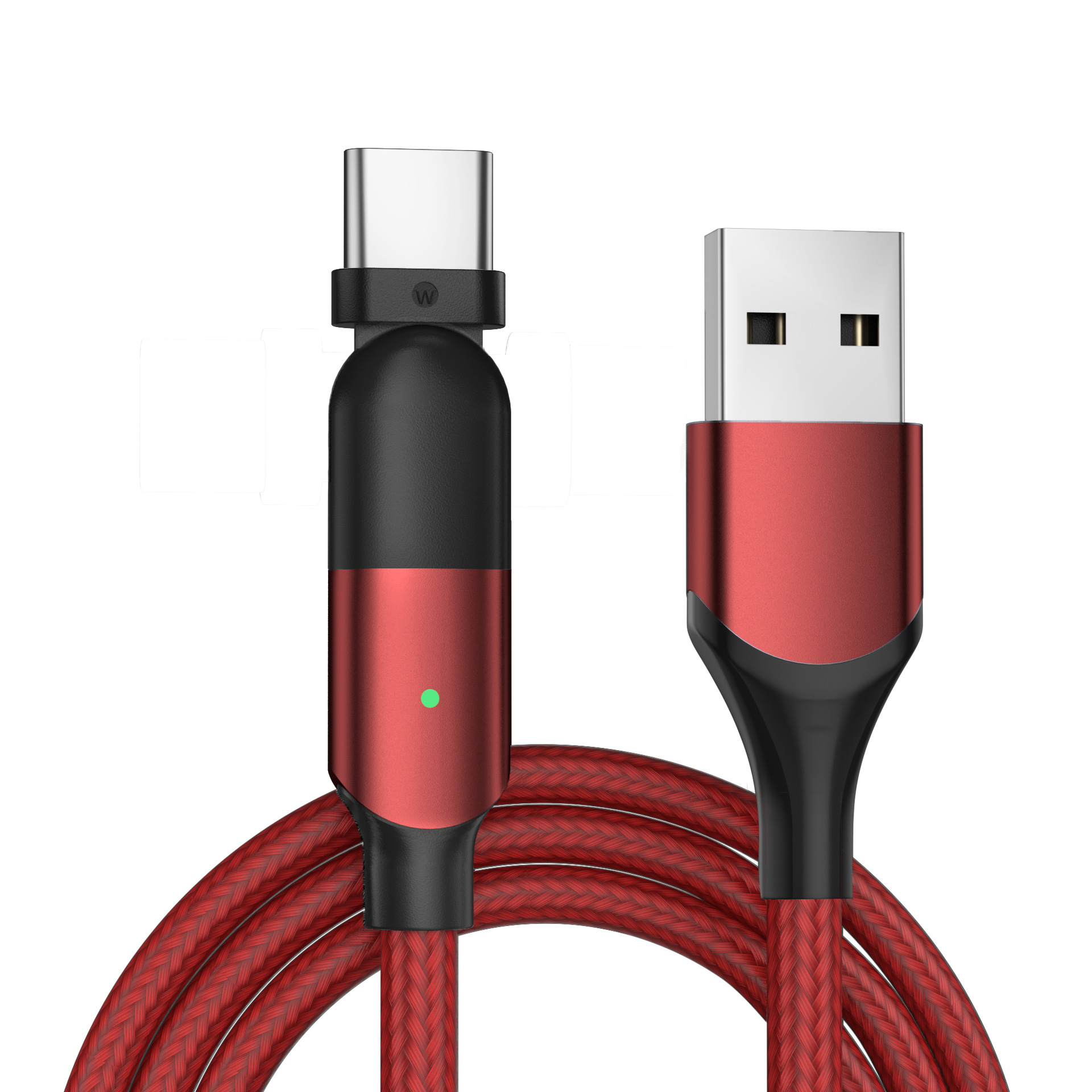 Rotes Ladekabel mit schwarzen Enden. Weißer Hintergrund.