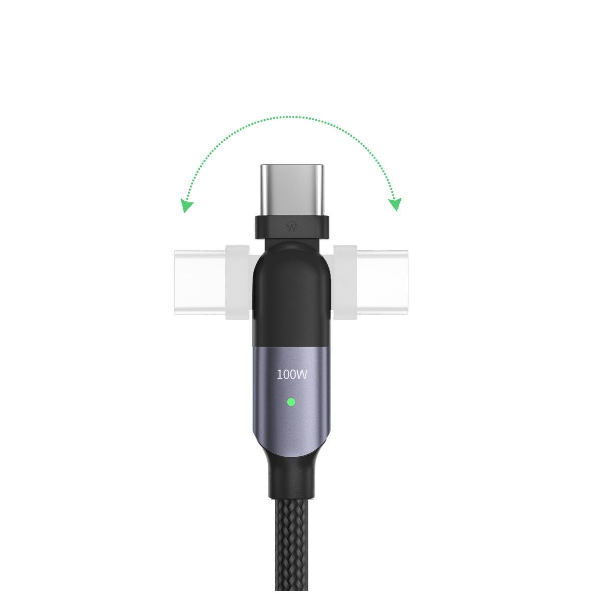 Ein USB-C-Kabel mit einem schwarz-silbernen Gehäuse. Gepunktete Pfeile zeigen die Drehung des Steckers.