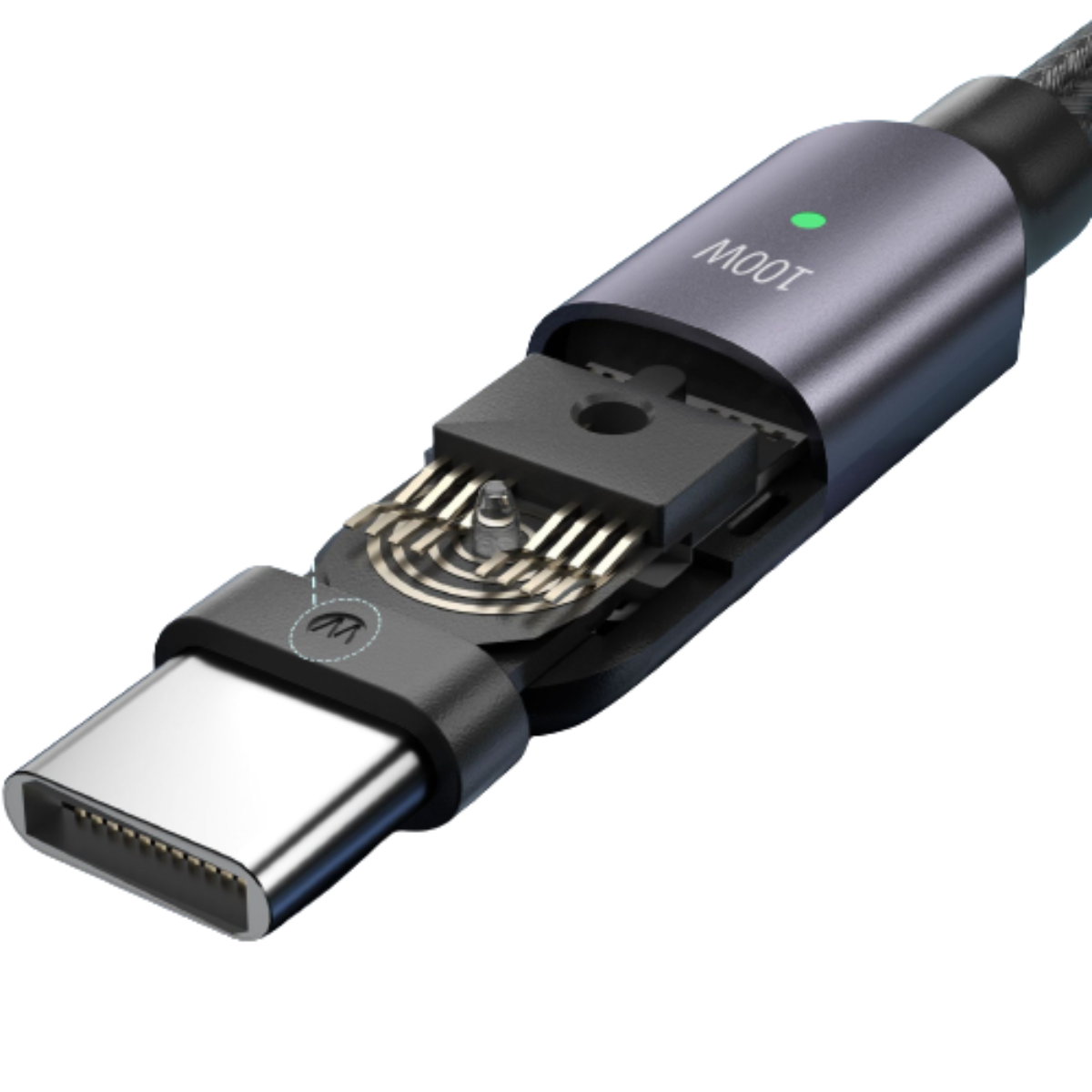 Schnitt eines USB-C-Kabels mit Innenkomponenten und grünem Licht.