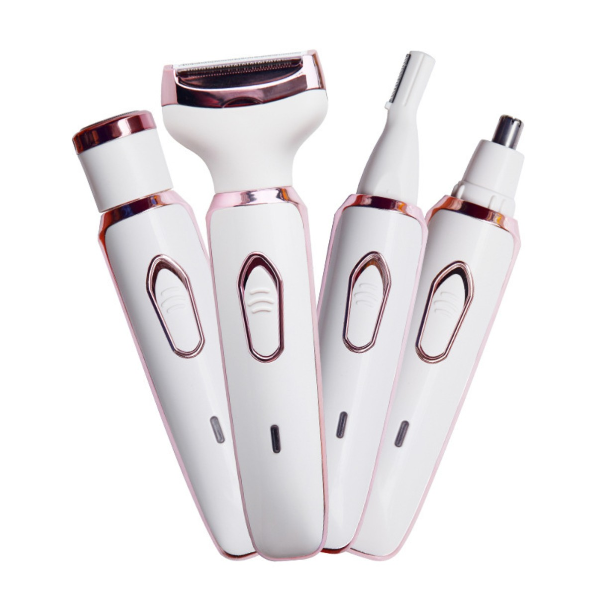 Vier weiße und roségoldene Beauty-Tools.