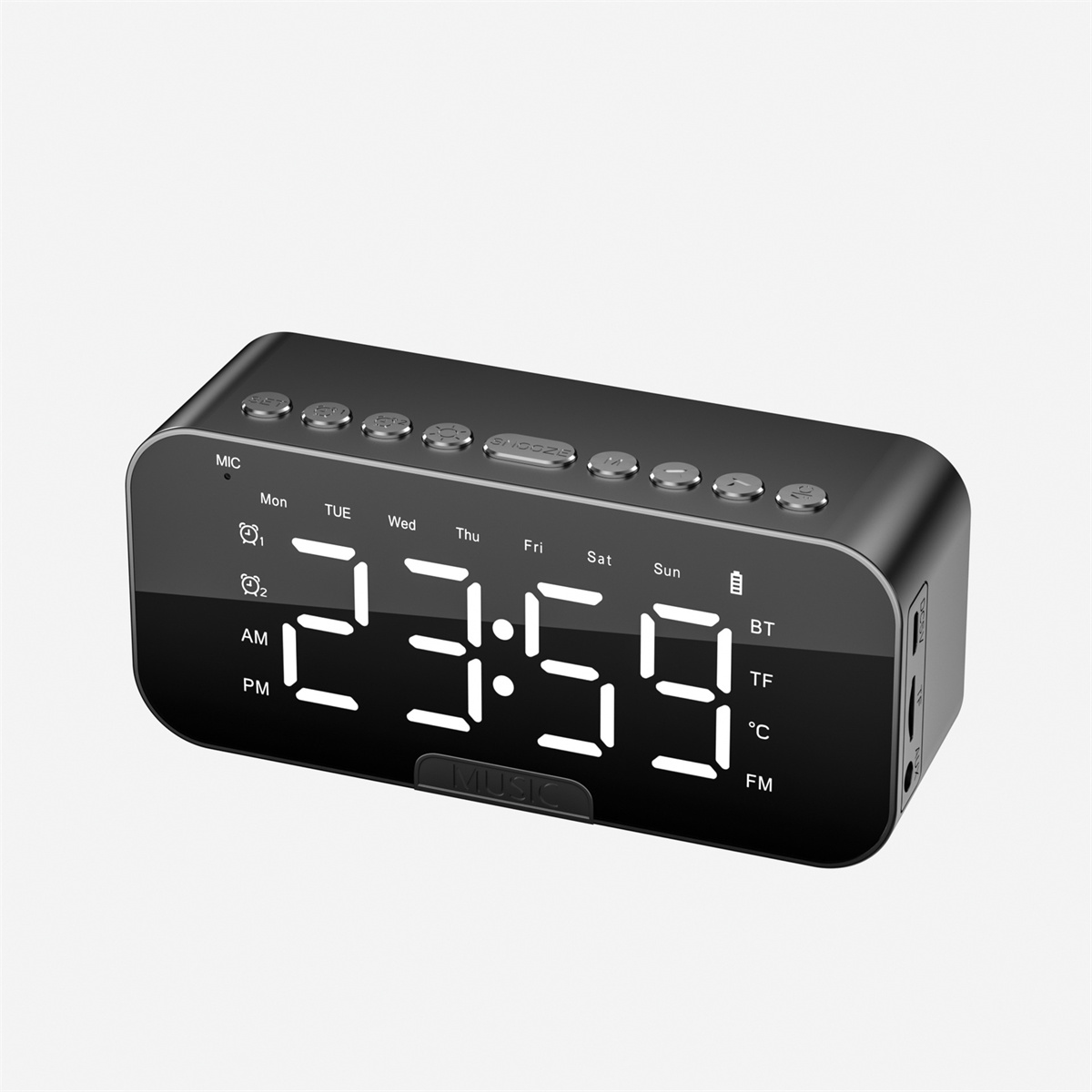 Schwarze Digitaluhr mit großem Display, das 23:59 anzeigt. Tasten für Funktionen sind sichtbar.