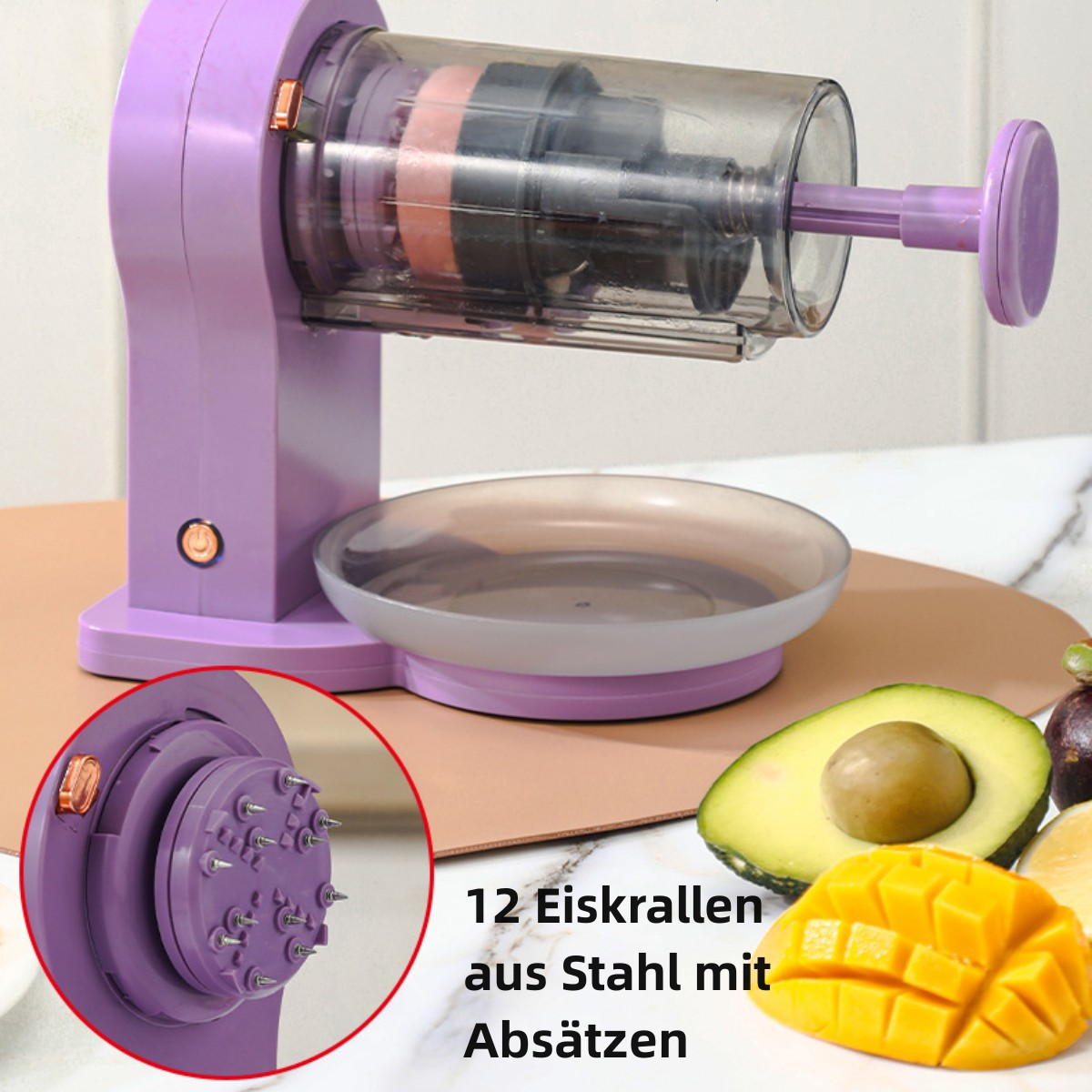 Ein lila Obstschneider mit verschiedenen Früchten und Textetiketten.