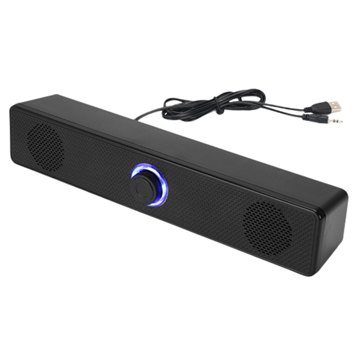 Schwarze Soundbar mit blauem Licht um den Lautstärkeregler. Weißer Hintergrund.