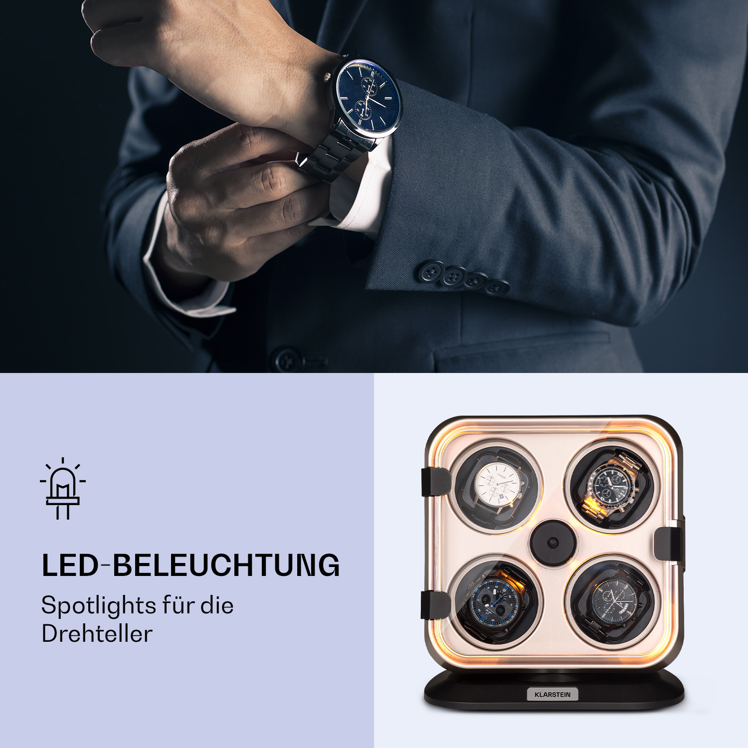 Ein Mann im Anzug legt eine Uhr an. Ein Uhrenbeweger mit vier Uhren ist im Hintergrund.