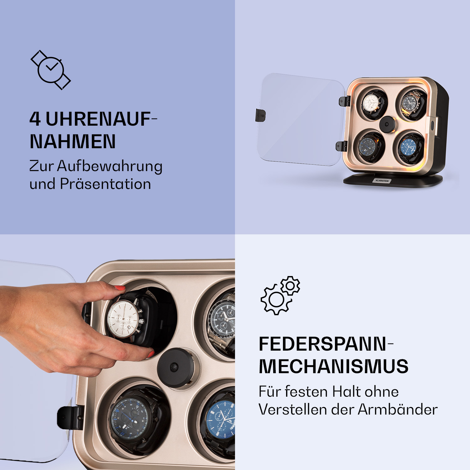 Uhrenbeweger mit vier Schlitzen und klarer Tür, Uhren im Vordergrund.