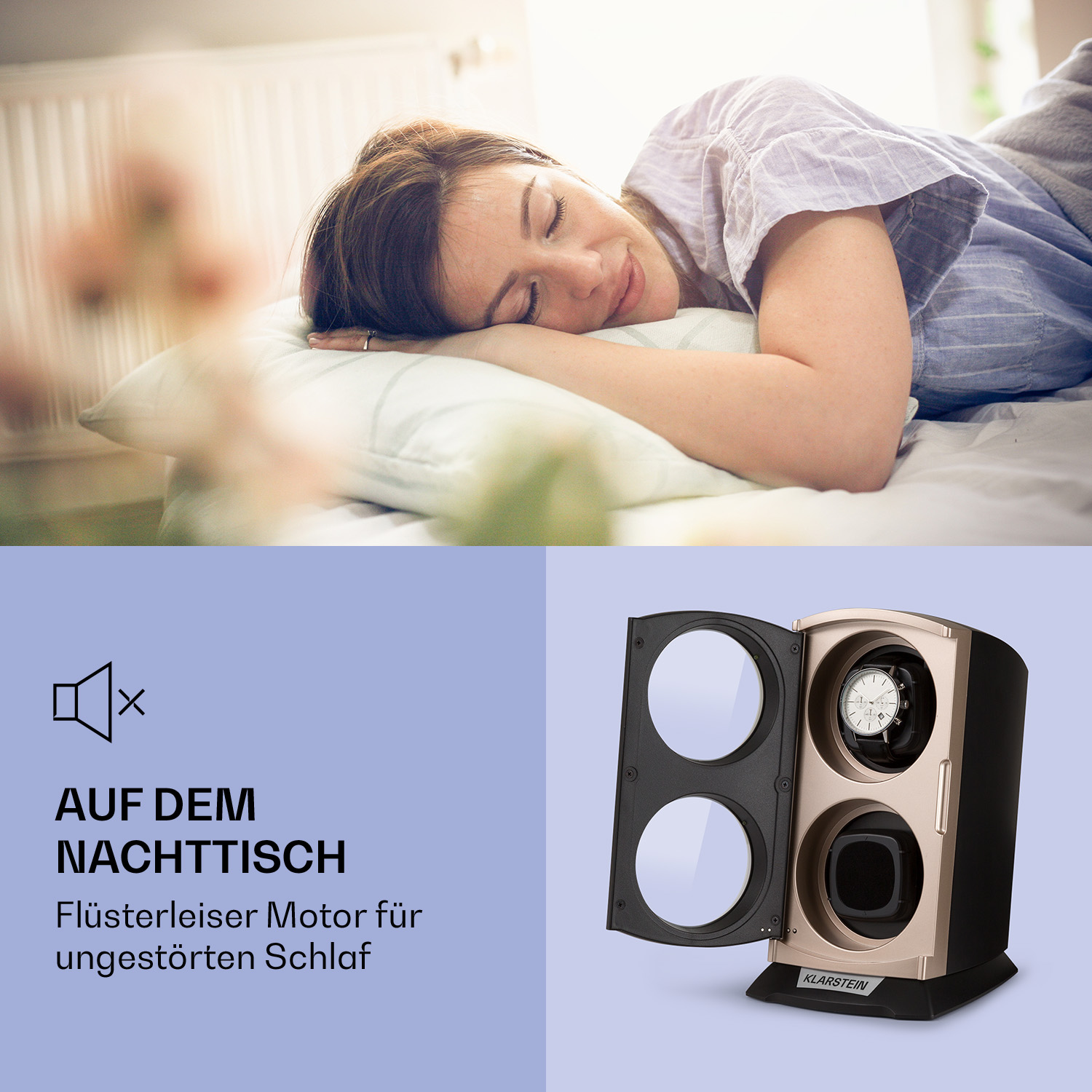 Eine Frau schläft in der Nähe eines Nachttischs mit einem Uhrenbeweger. Text auf Deutsch beschreibt den Uhrenbeweger.