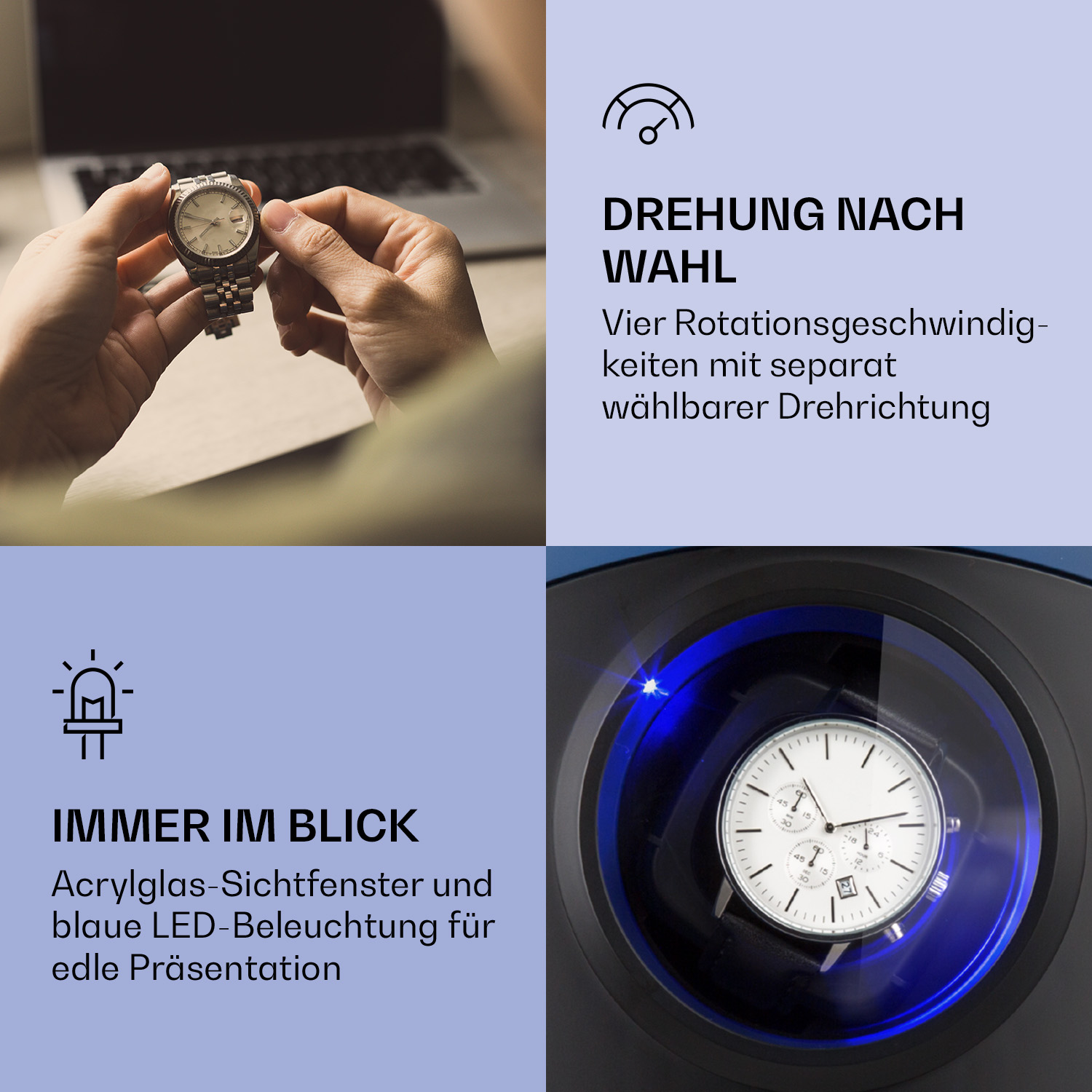 Uhrenbeweger mit Uhr, vier Abschnitten und Text auf Deutsch, blauer Hintergrund.