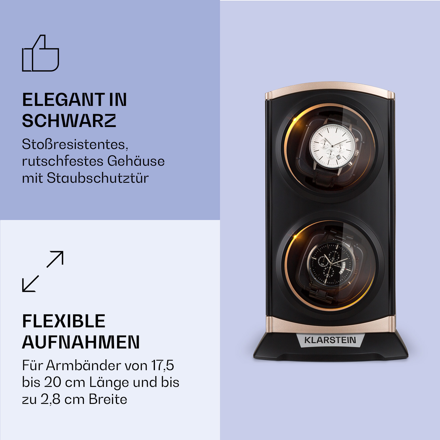Ein schwarzer und goldener Uhrenbeweger mit zwei Uhren, Text beschreibt Merkmale und Abmessungen.