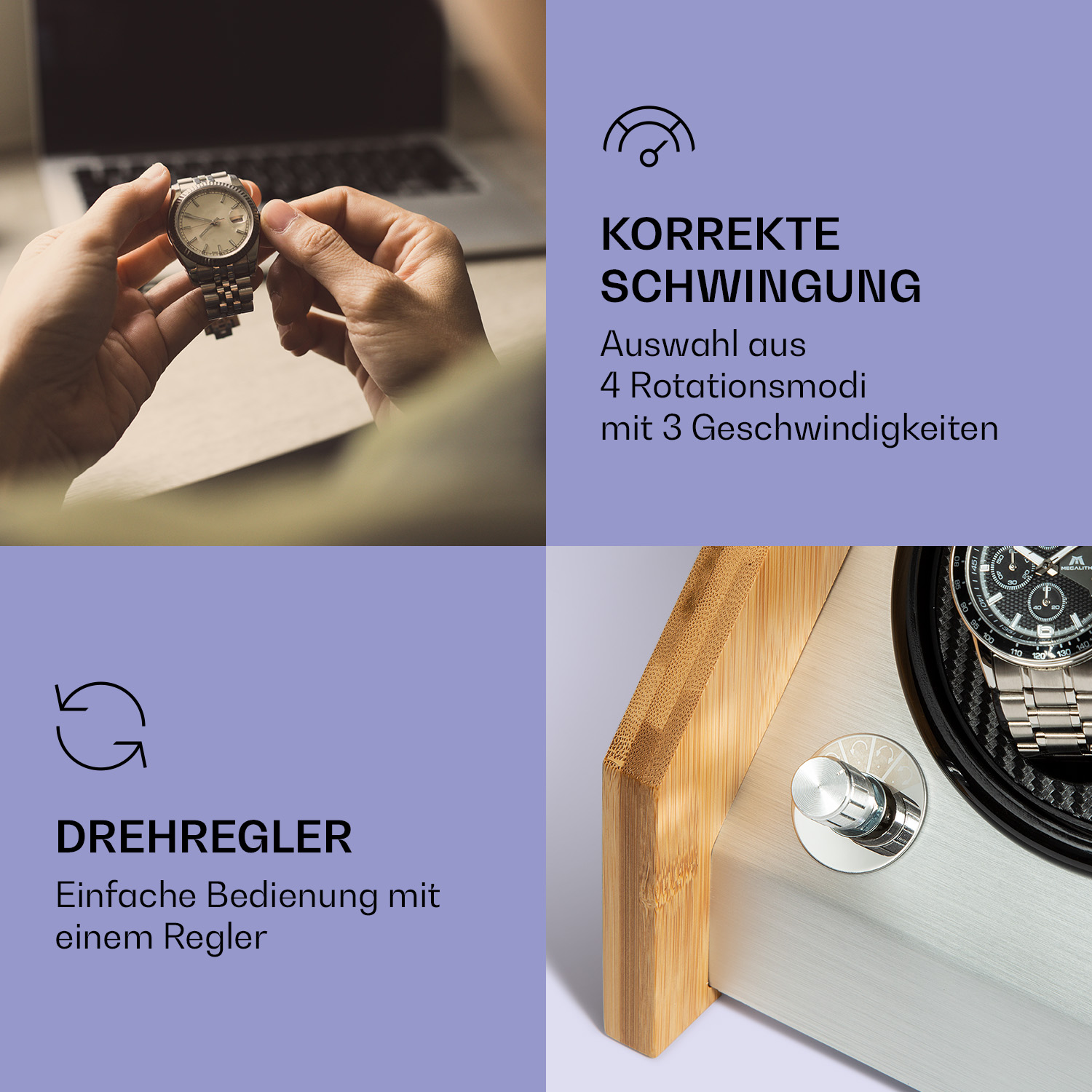 Hände halten eine Uhr, Produktinfo im Hintergrund.