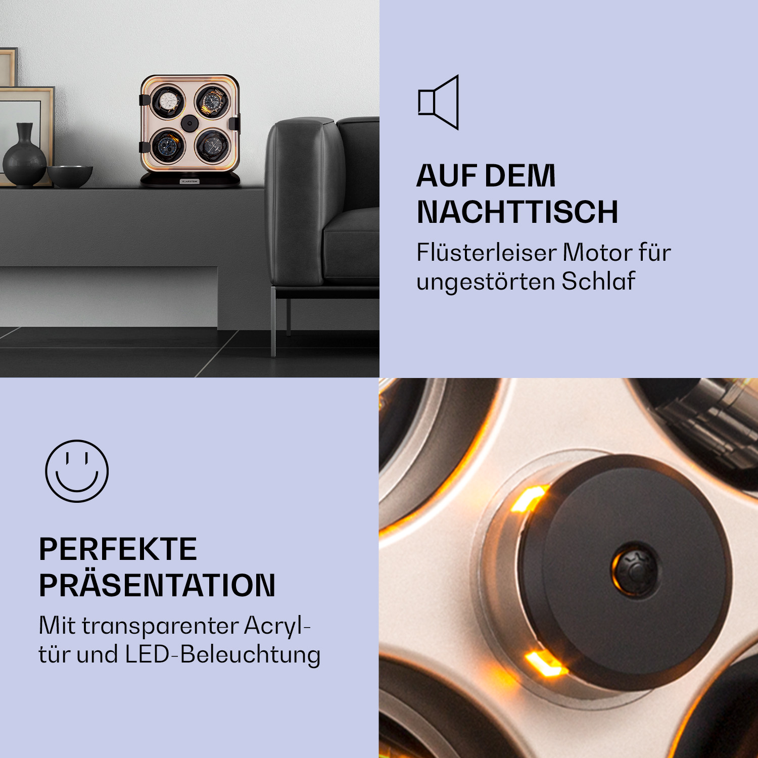 Ein Mehrfachbild, das eine dekorative Box mit einem lächelnden Gesicht und Text zur Präsentation zeigt.