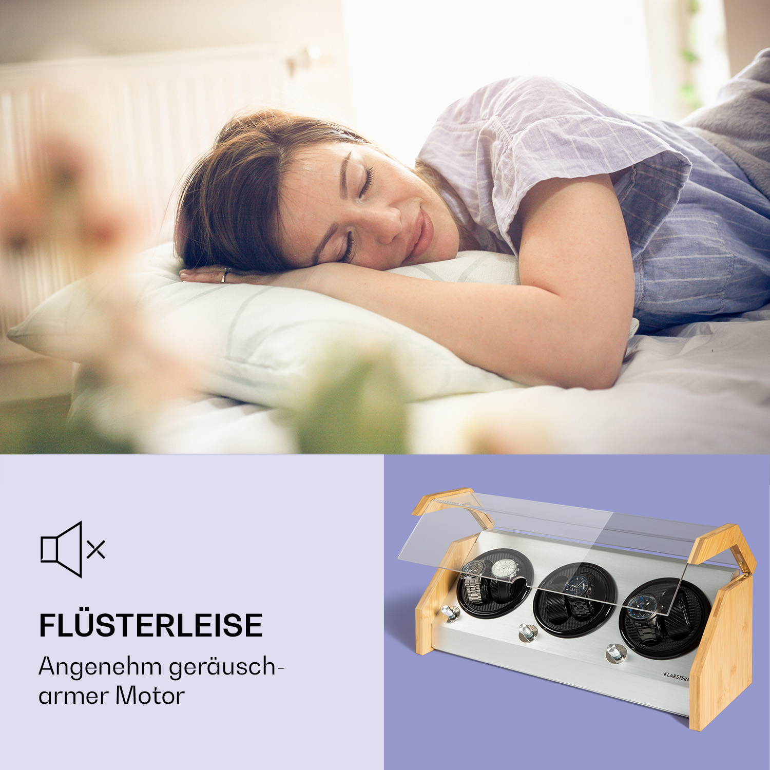 Eine schlafende Frau im Bett und ein Induktionskochfeld mit Holzrahmen und Glasabdeckung.