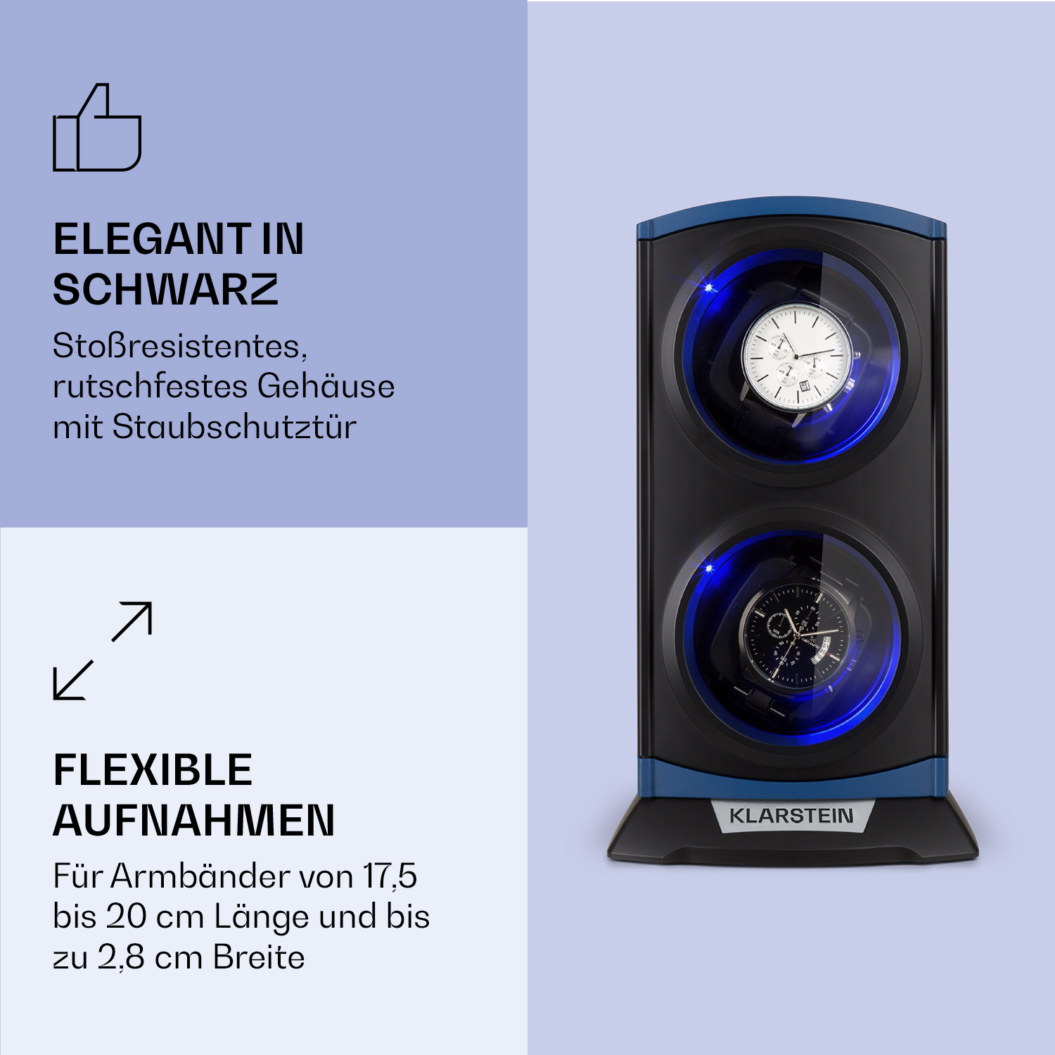 Schwarzer und blauer Uhrenbeweger mit zwei Uhren im Inneren, Textüberlagerung.