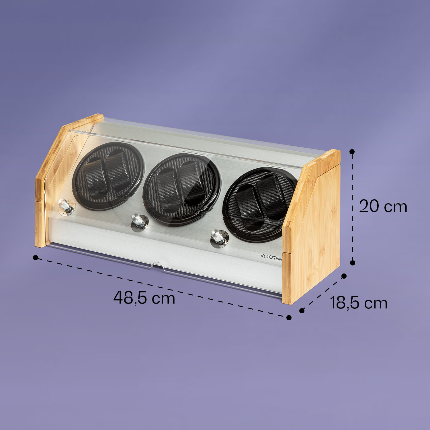 Schwarz-silberner Weinkühler mit Glastür und Maßen: 48,5 cm, 20 cm, 18,5 cm.