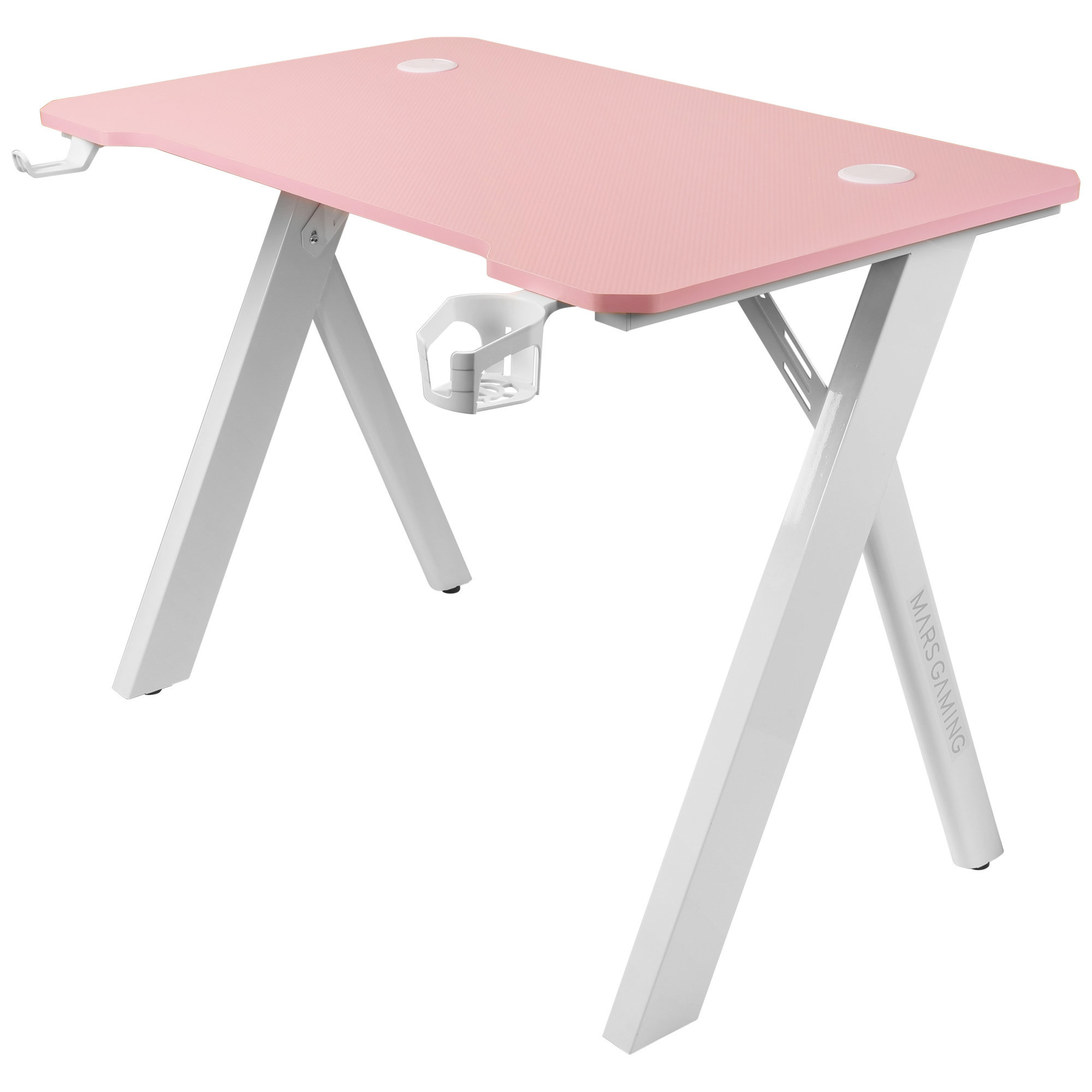 Escritorio rosa para juegos con patas blancas, portavasos y gancho para auriculares, fondo blanco.