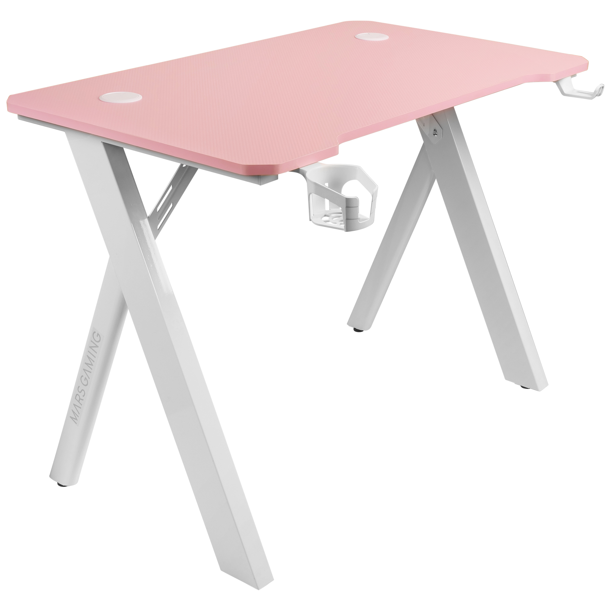 Un escritorio rosa para juegos con patas blancas y un portavasos, sobre fondo blanco.
