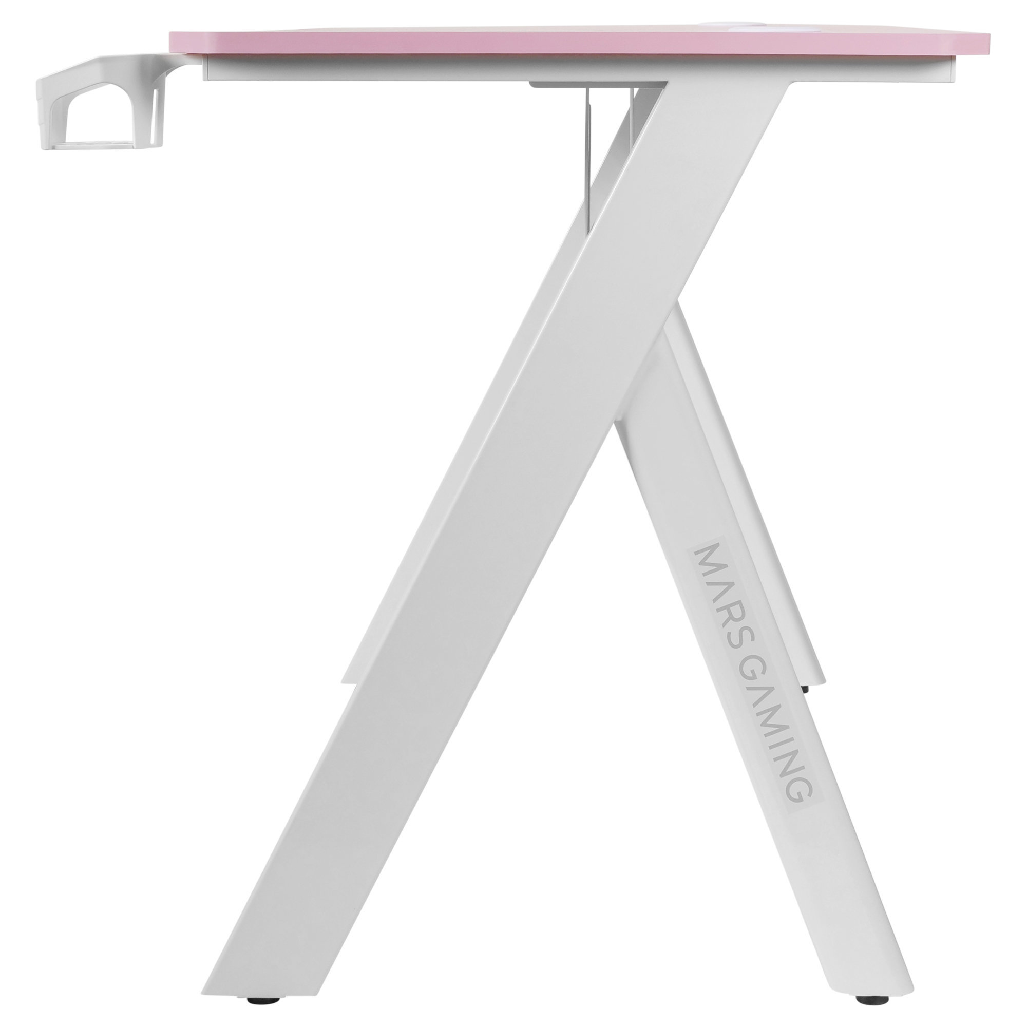 Escritorio gaming blanco y rosa. Patas blancas en forma de X, parte superior rosa.