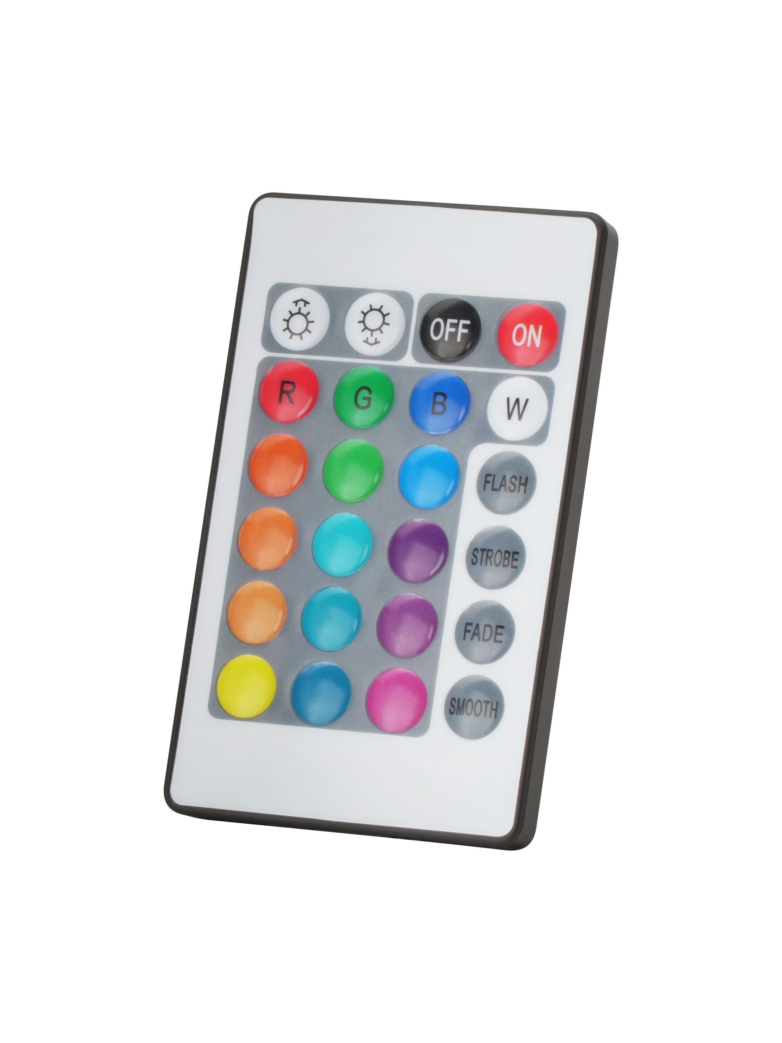 Mando a distancia con múltiples botones. Los botones son de varios colores y funciones.