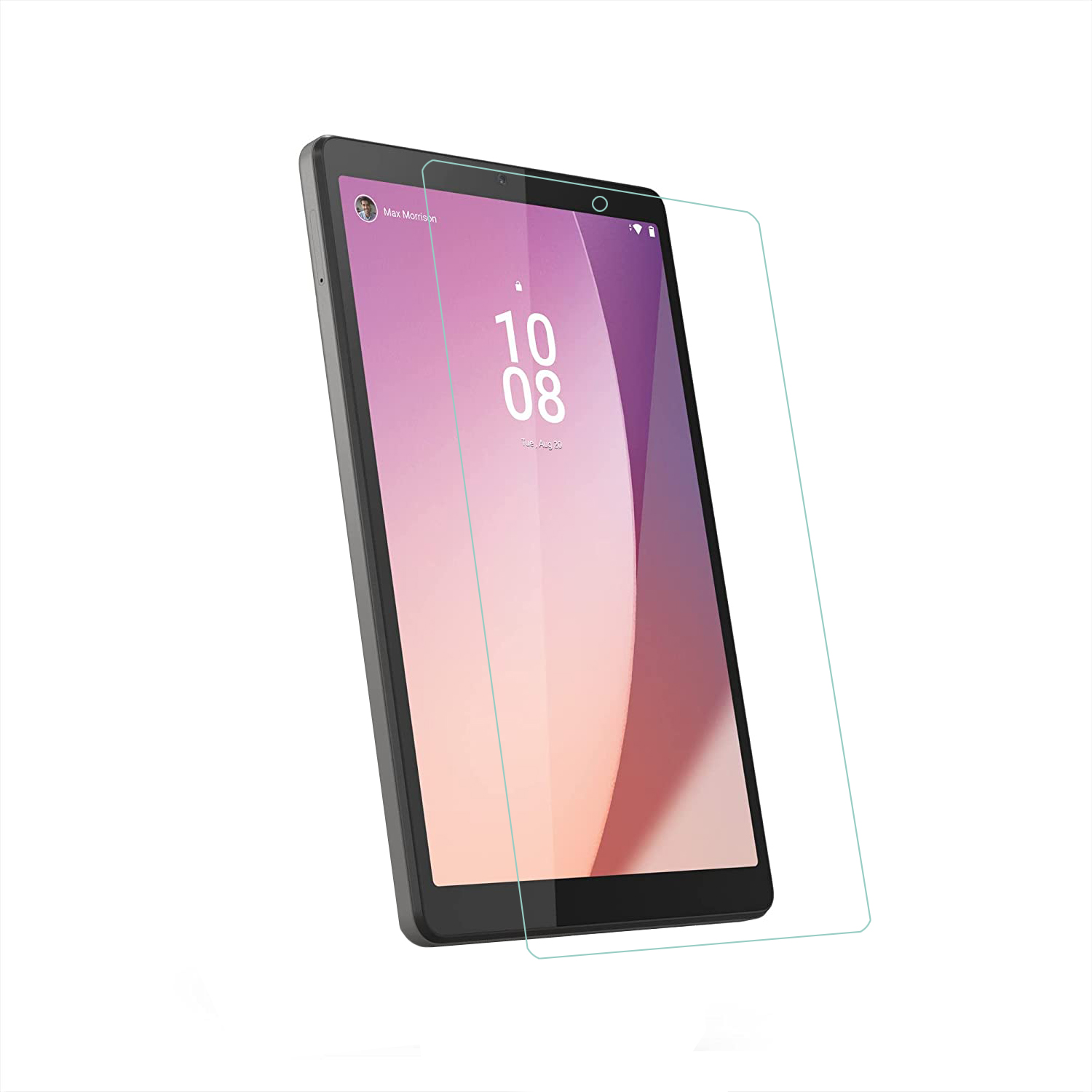 Un tablet con protezione schermo. La data sullo schermo mostra 10/08. Il tablet è nero.