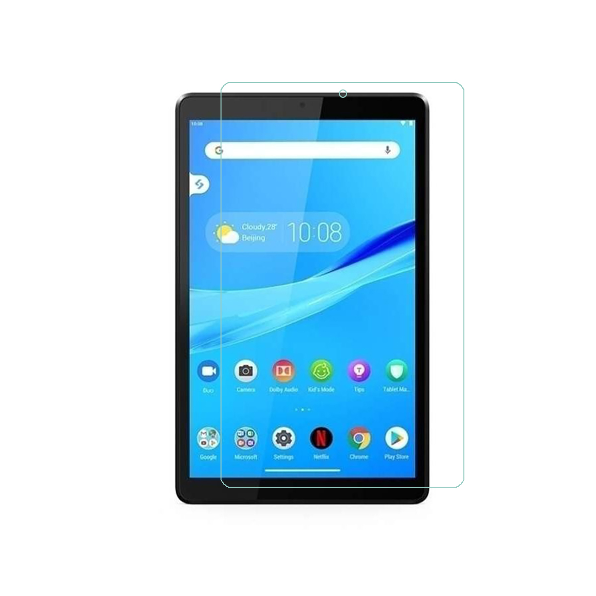 Tablet nero con protezione schermo applicata. Lo schermo mostra le icone delle app e l'ora.