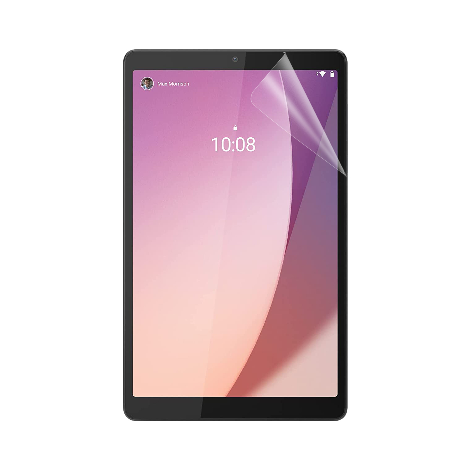 Tablet con protezione schermo. Lo schermo mostra un gradiente rosa e viola con l'ora 10:08.