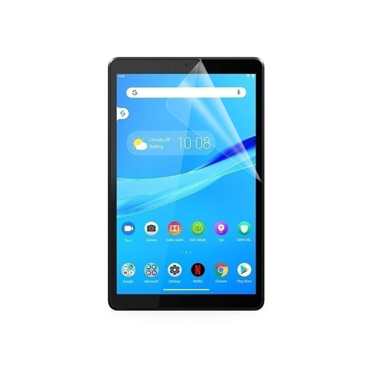 Tablet con protezione schermo applicata. Lo schermo mostra le icone delle app.