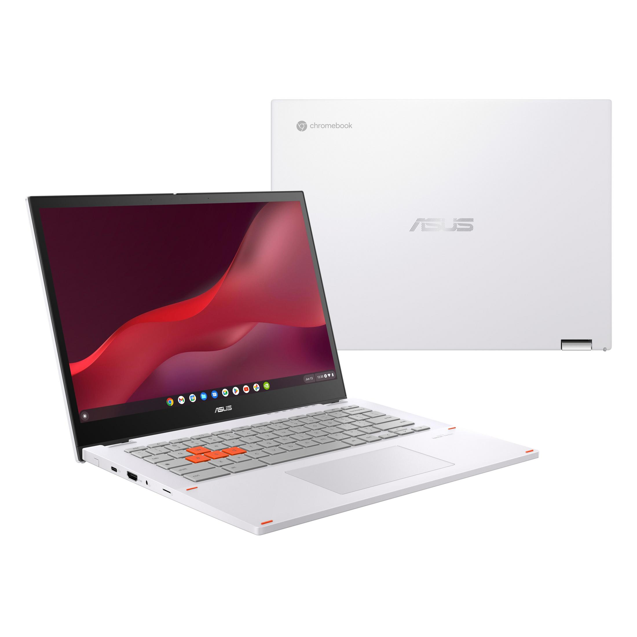 Weißer Laptop, teilweise geöffnet, mit rot-orangen Akzenten. Ein weiterer, geschlossener Laptop dahinter.