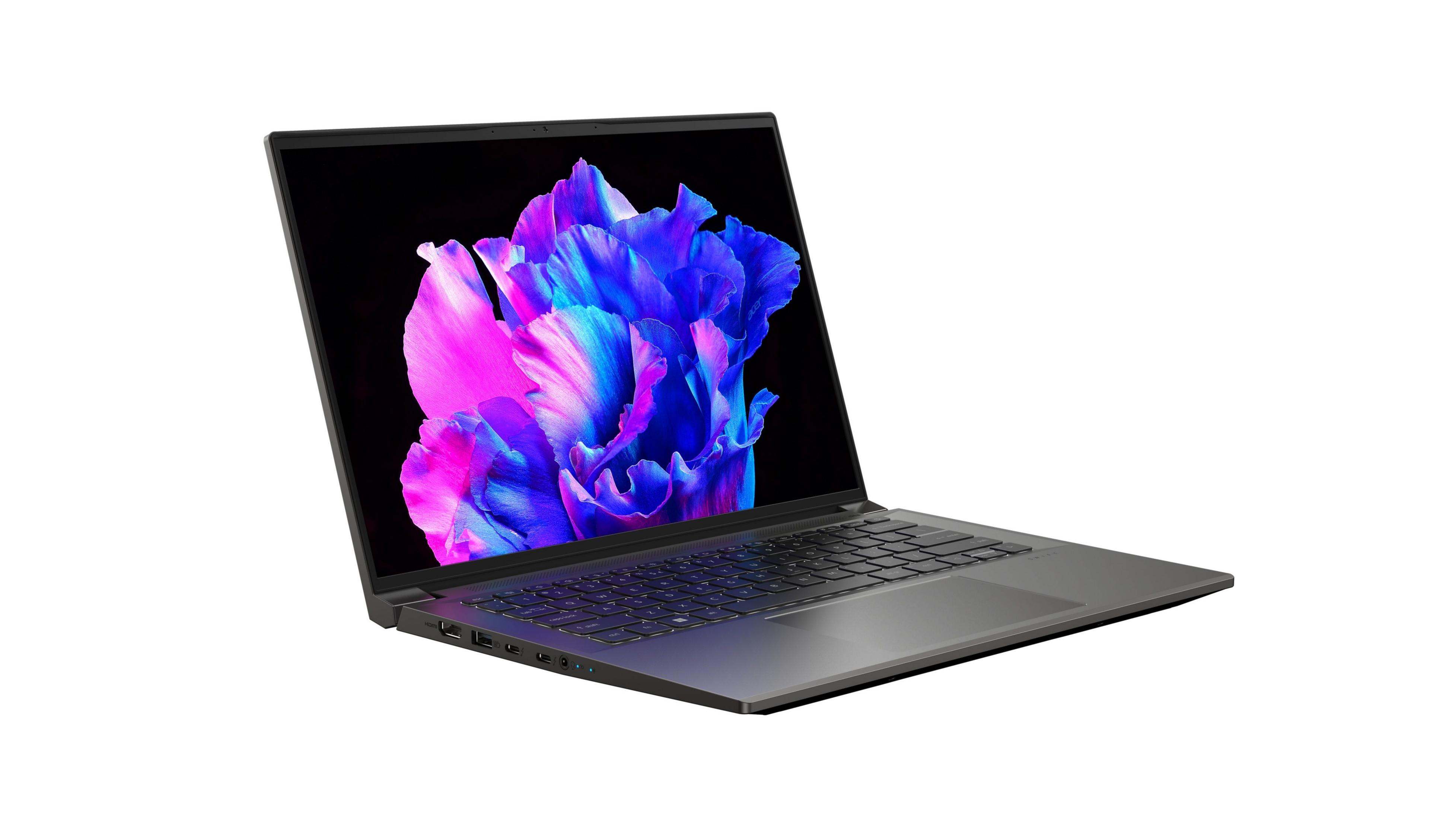 Ein geöffneter Laptop, der ein farbenfrohes abstraktes Bild auf dem Bildschirm anzeigt.