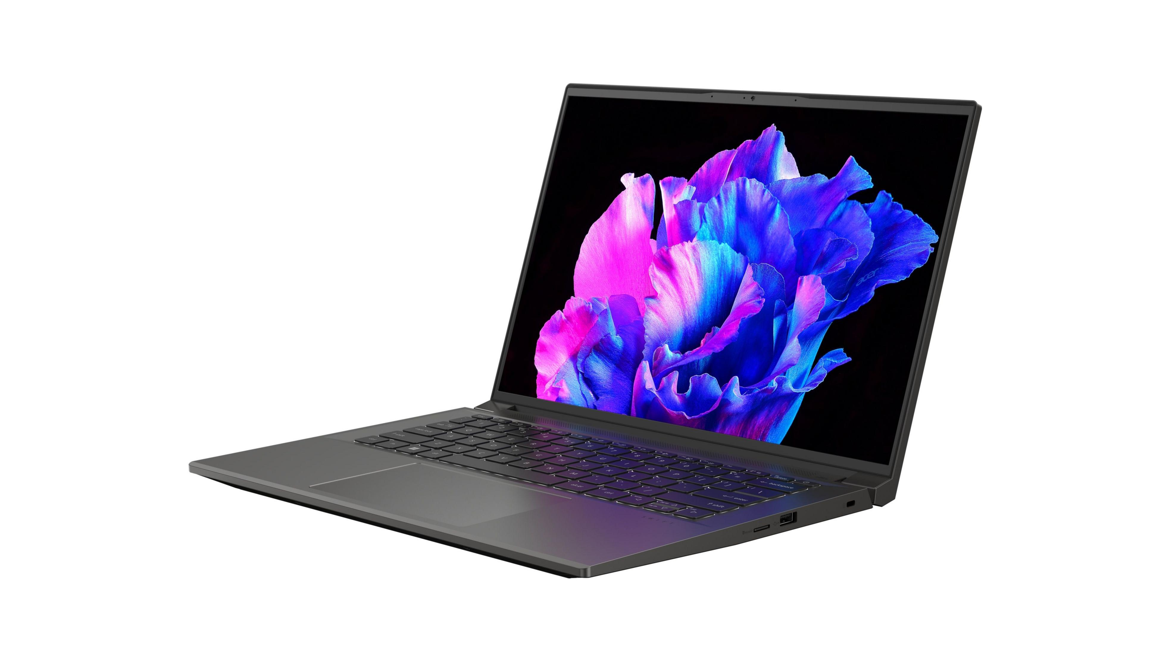 Ein grauer Laptop mit einem bunten Blumenbild, isoliert auf weißem Hintergrund.