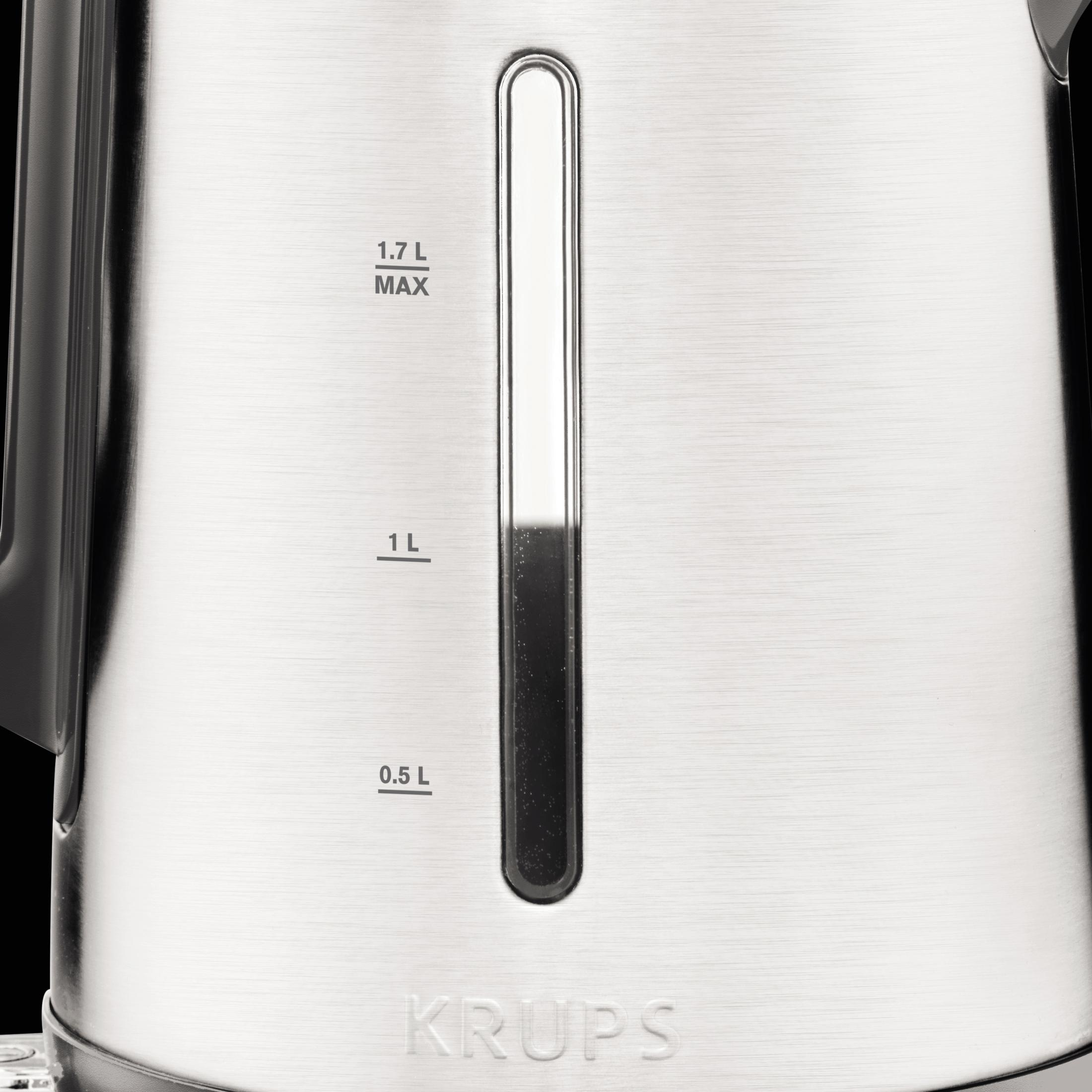 Gros plan d'une bouilloire Krups avec indicateur de niveau d'eau. Acier inoxydable.