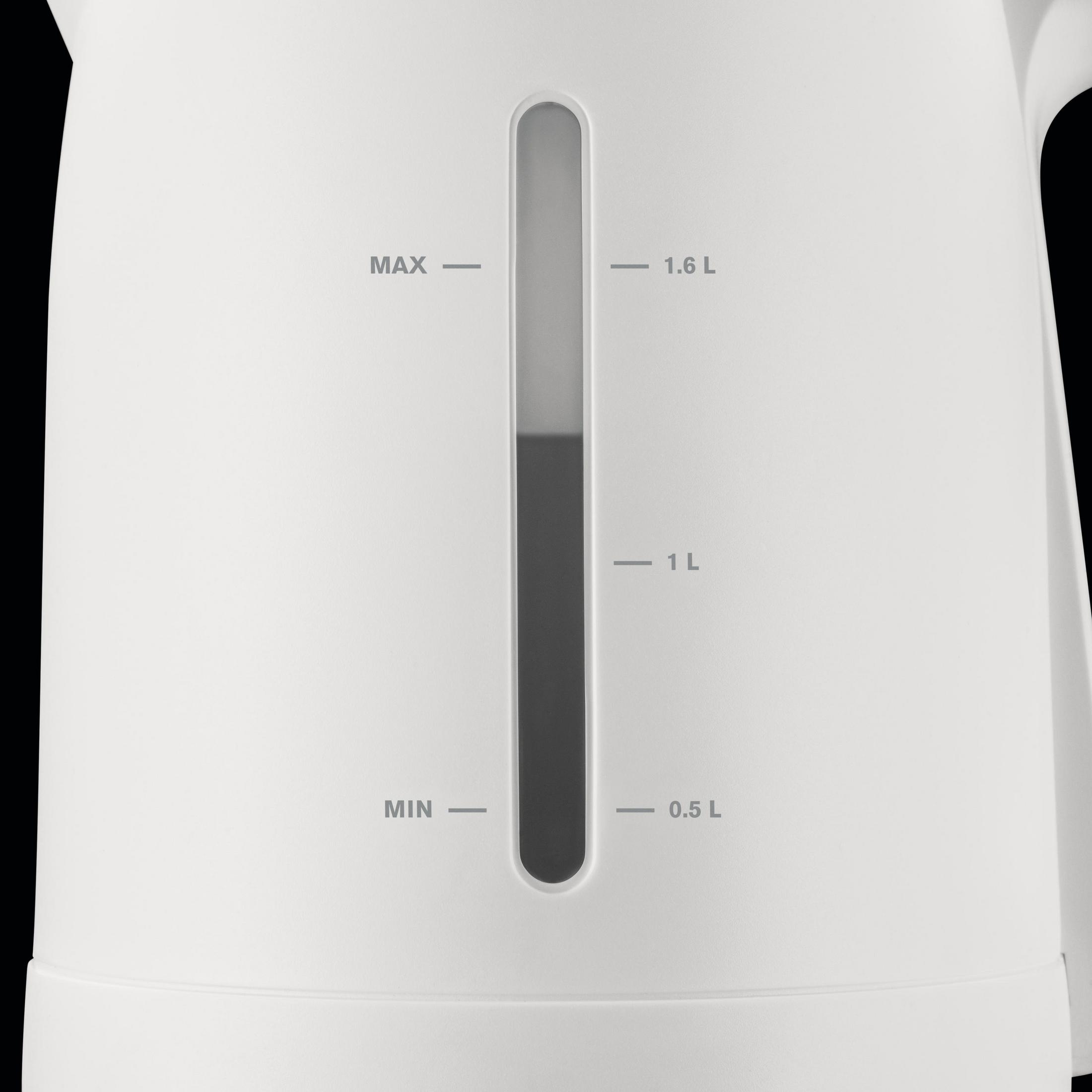 Weißer Wasserkocher, Wasserstandsanzeige mit MIN, MAX, 0.5L und 1.6L Markierungen.