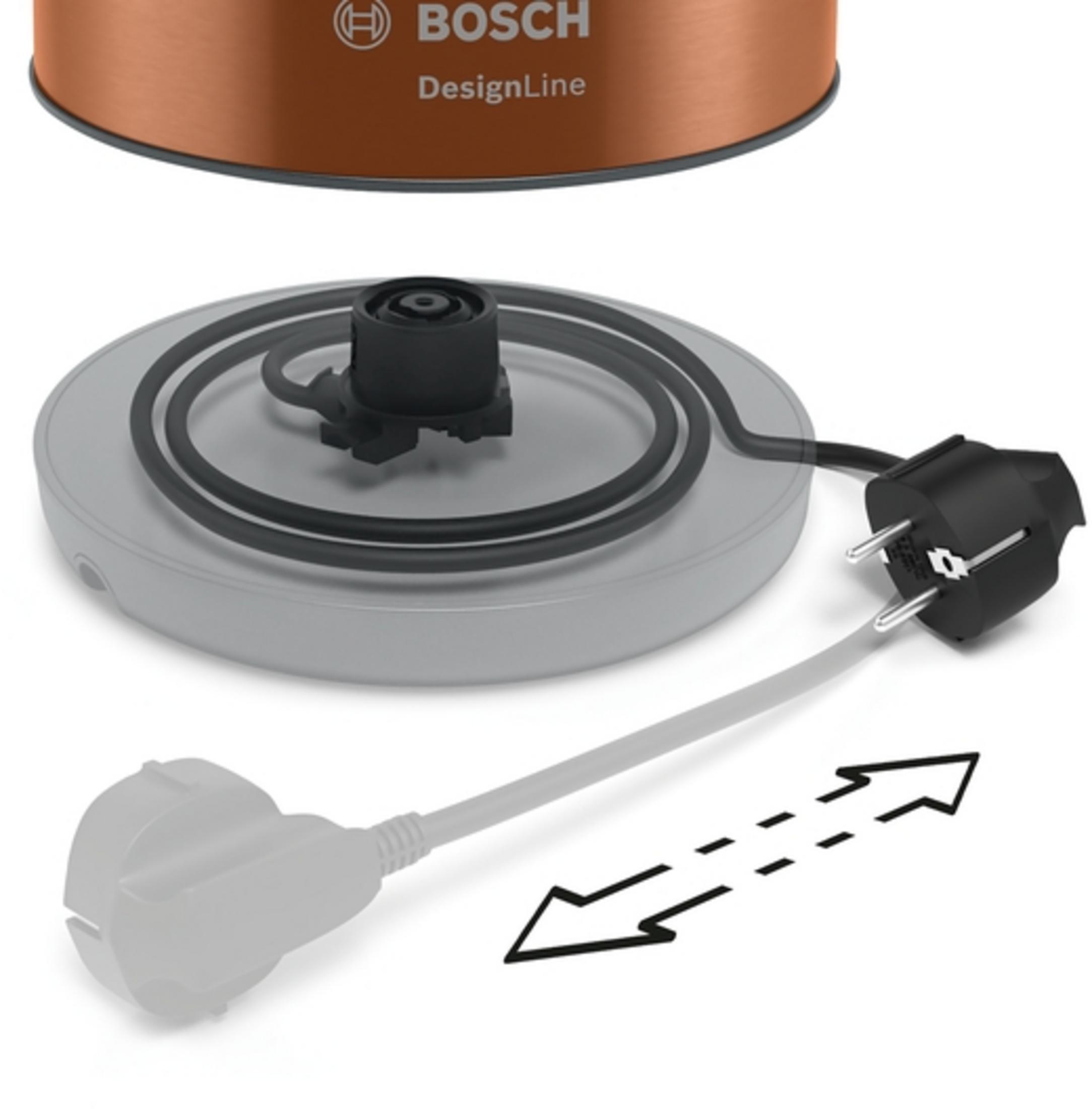 Czajnik w kolorze miedzi z czarną podstawą, przewodem zasilającym i wtyczką.