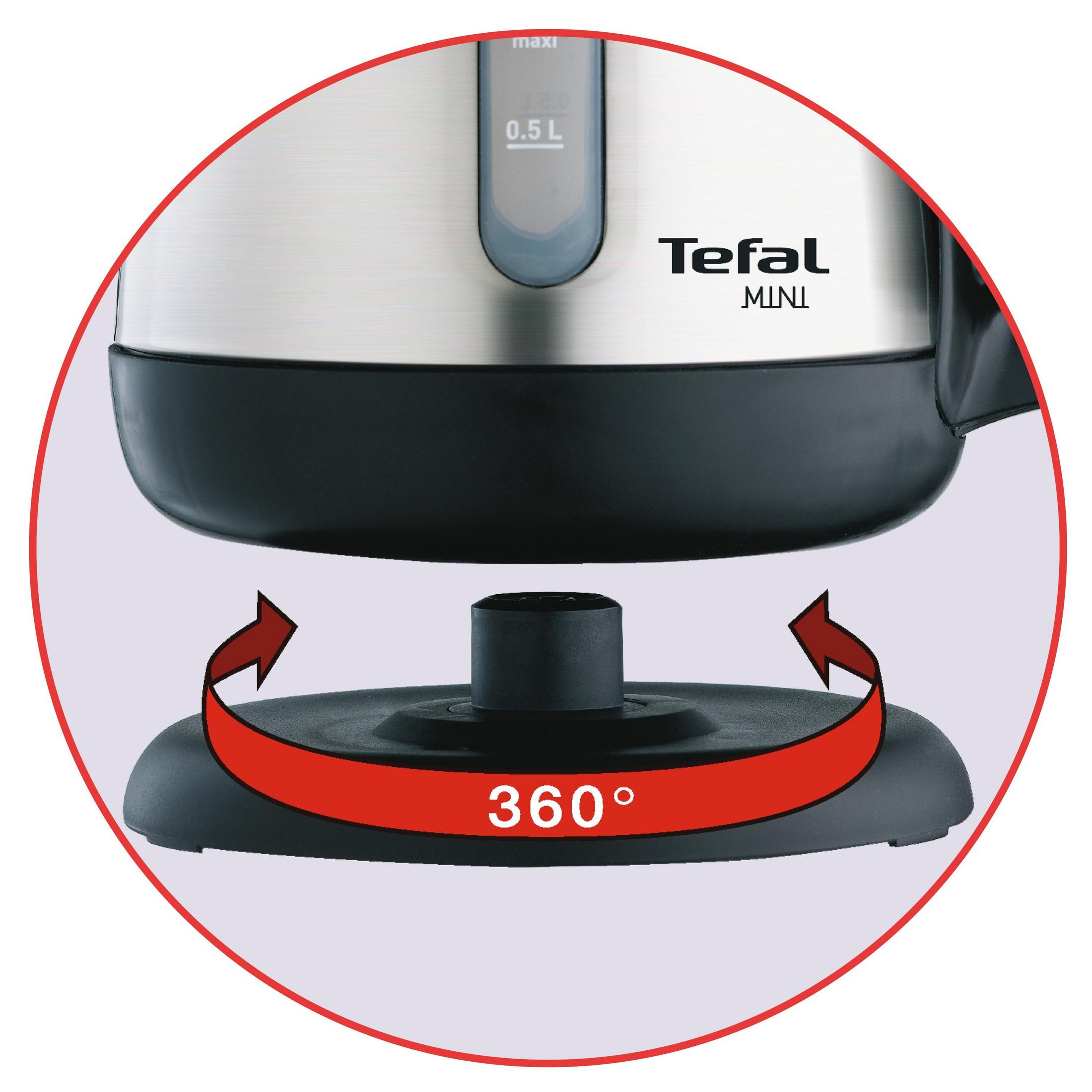 Ein schwarzer und silberner Wasserkocher mit rotem Kreismotiv, das eine 360°-Drehung anzeigt. Der Text lautet 'Tefal MINI'.