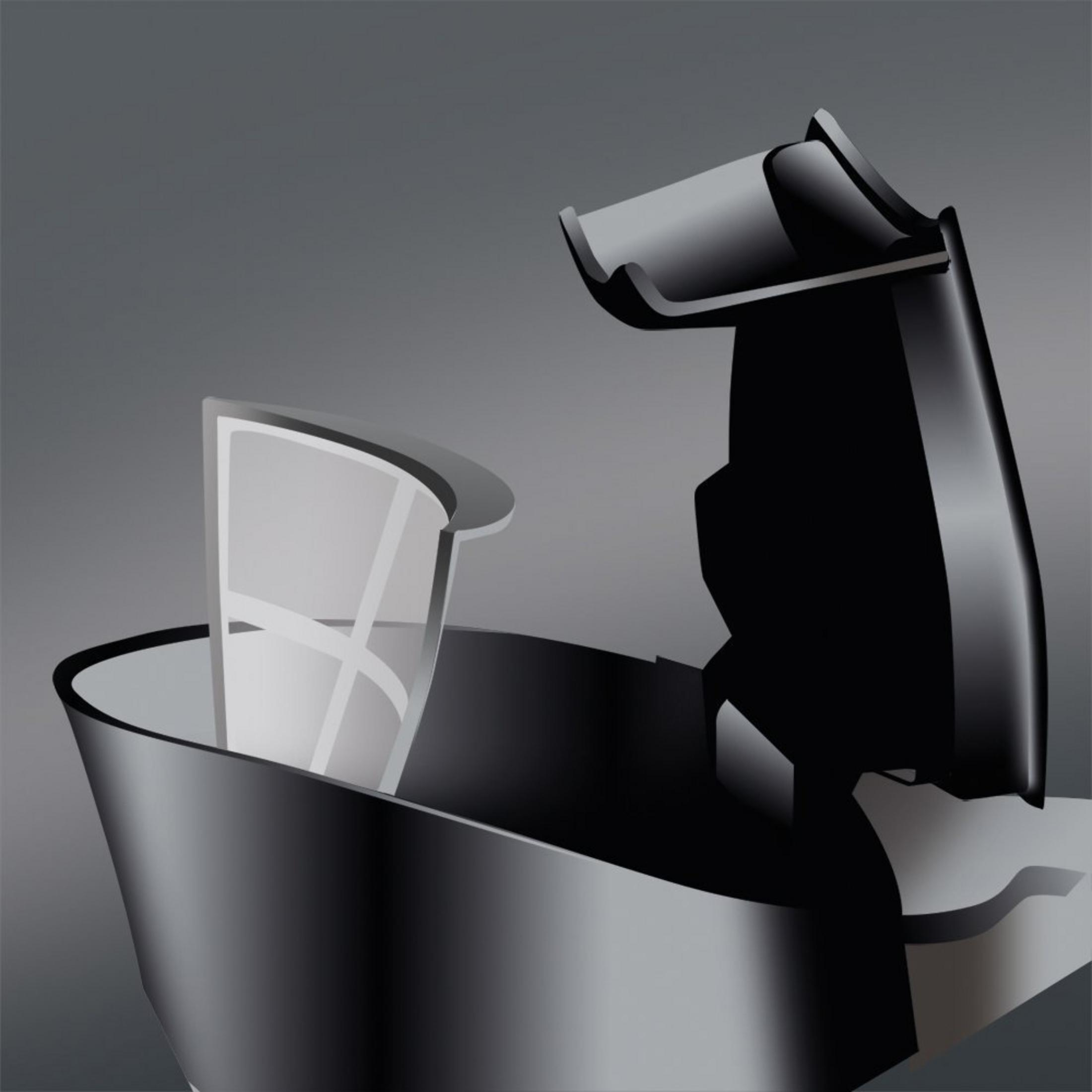 Nahaufnahme einer Kaffeemaschine. Teile der Maschine und der Filter sind sichtbar.