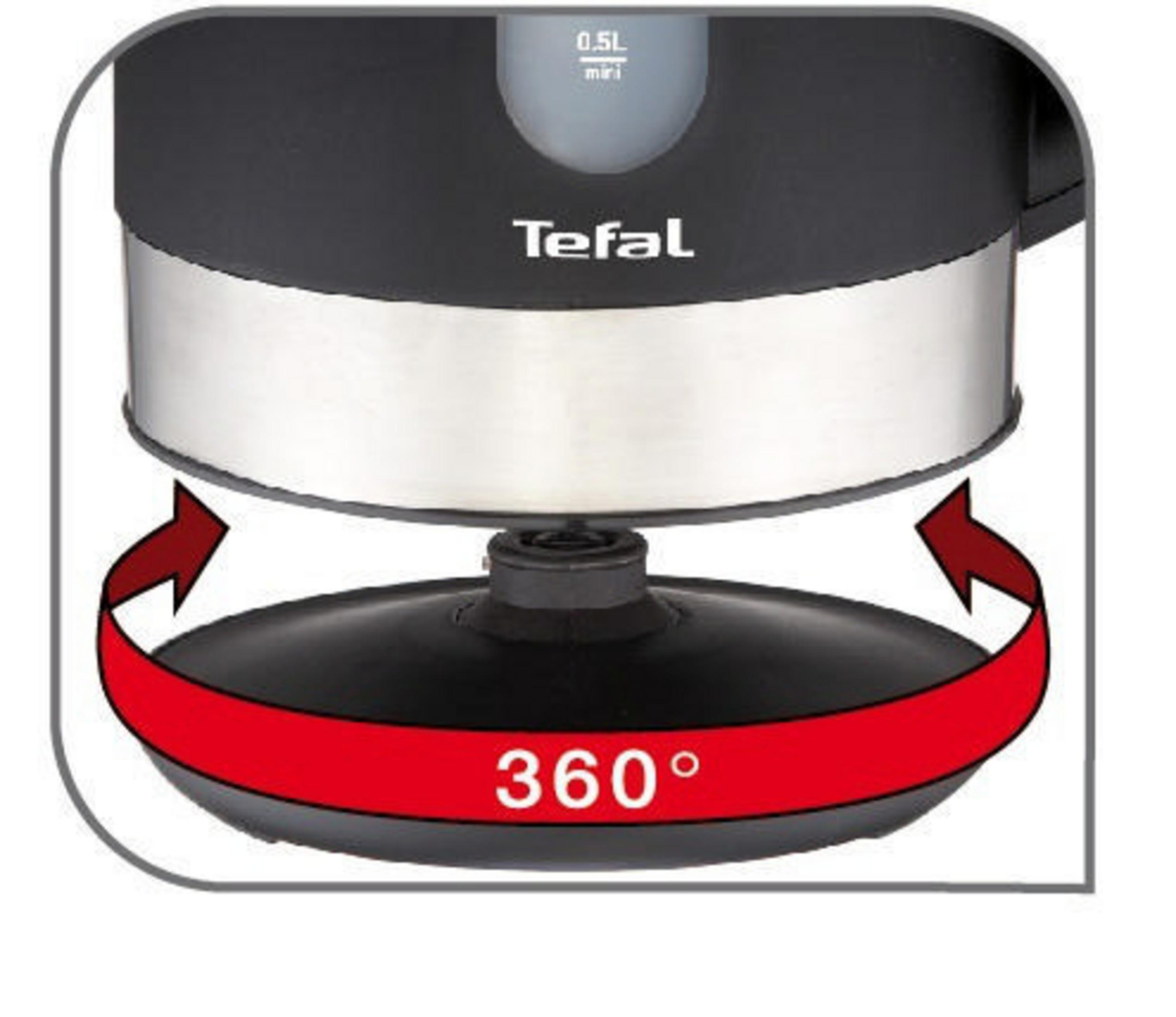 Ein schwarzer elektrischer Wasserkocher von Tefal mit 360° drehbarem Sockel, mit Pfeilen.