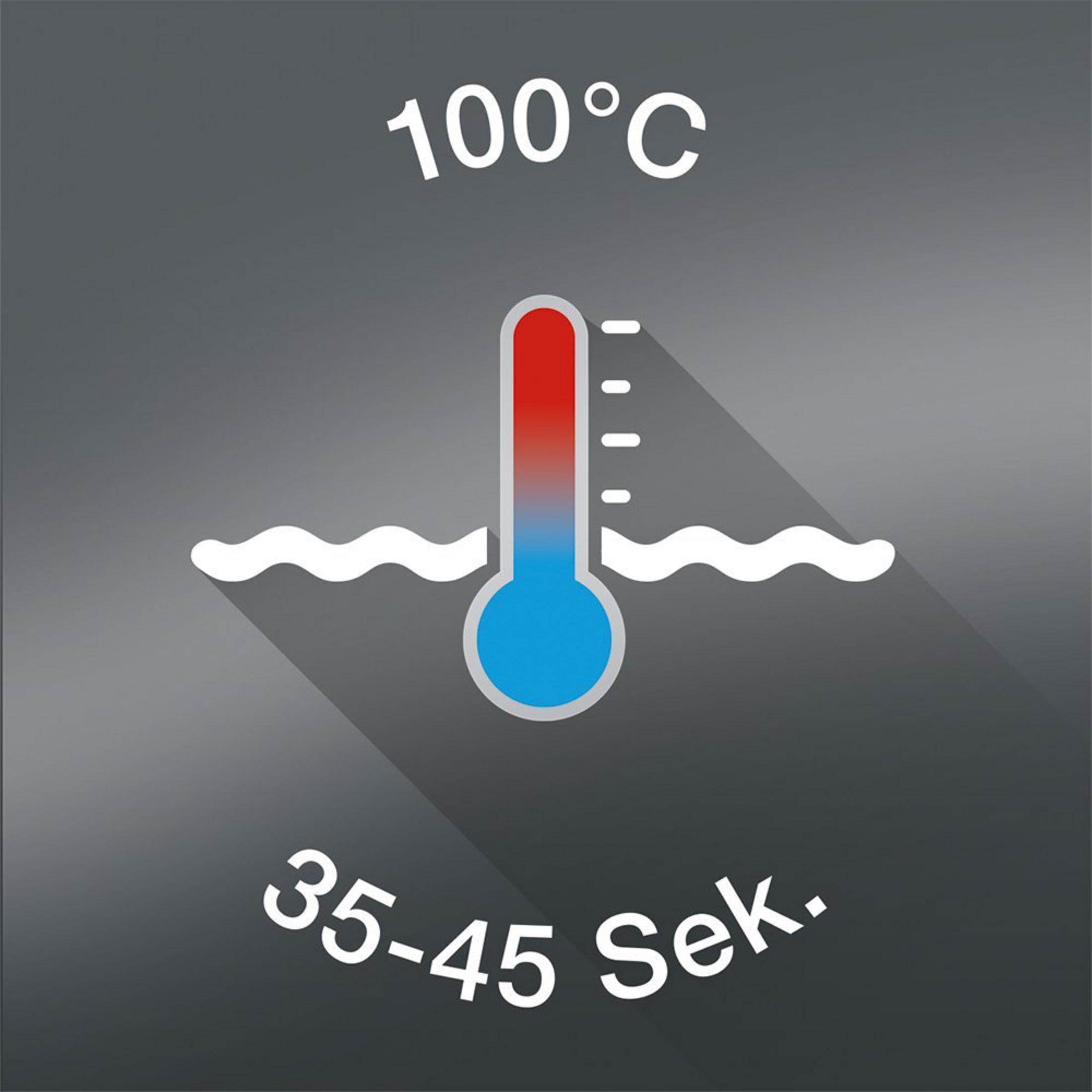 Eine Thermometer-Grafik zeigt 100°C, Wasserwellen und Text mit 35-45 Sekunden an.