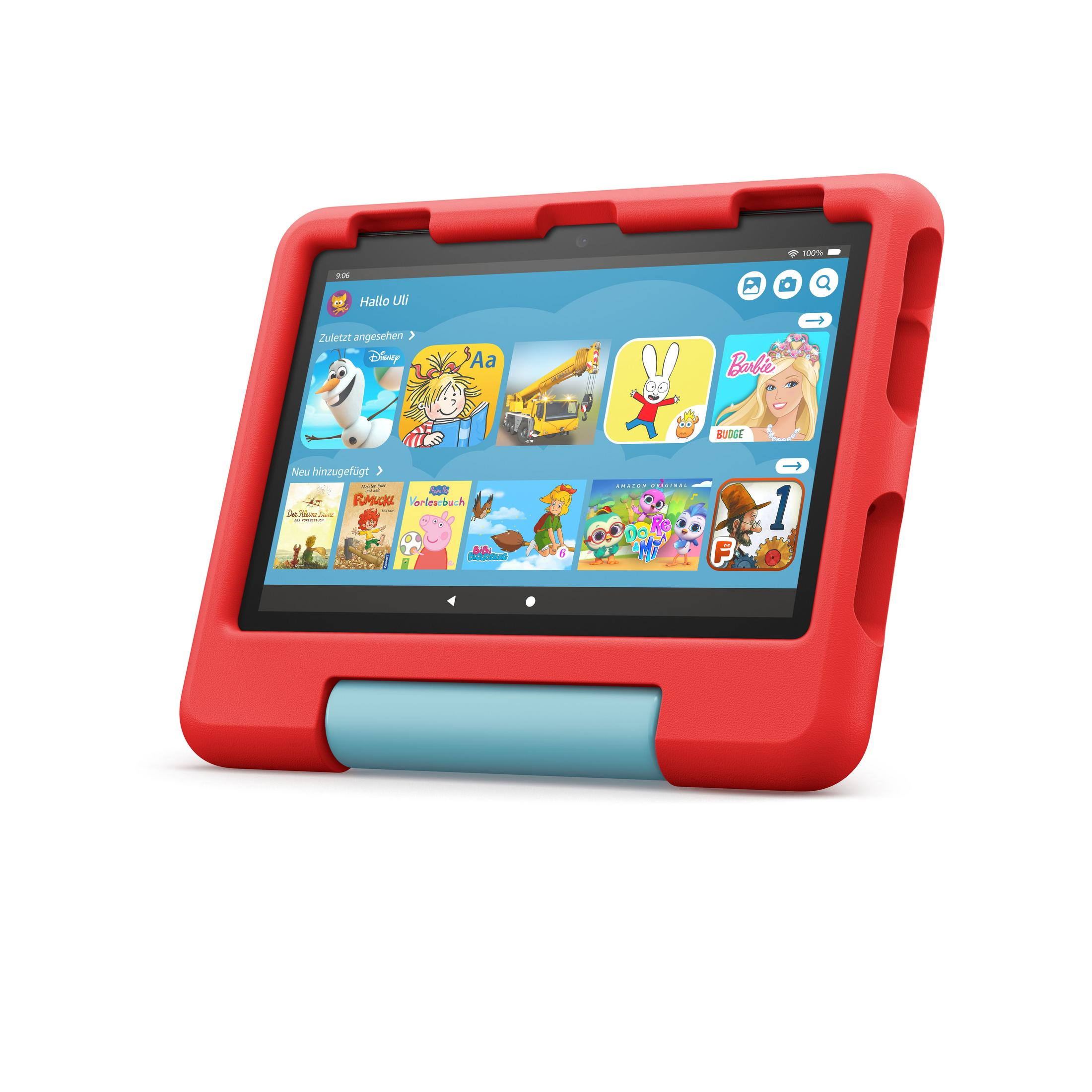 Ein rotes und blaues Tablet mit kindgerechter Hülle. Der Bildschirm zeigt eine bunte App-Auswahl.
