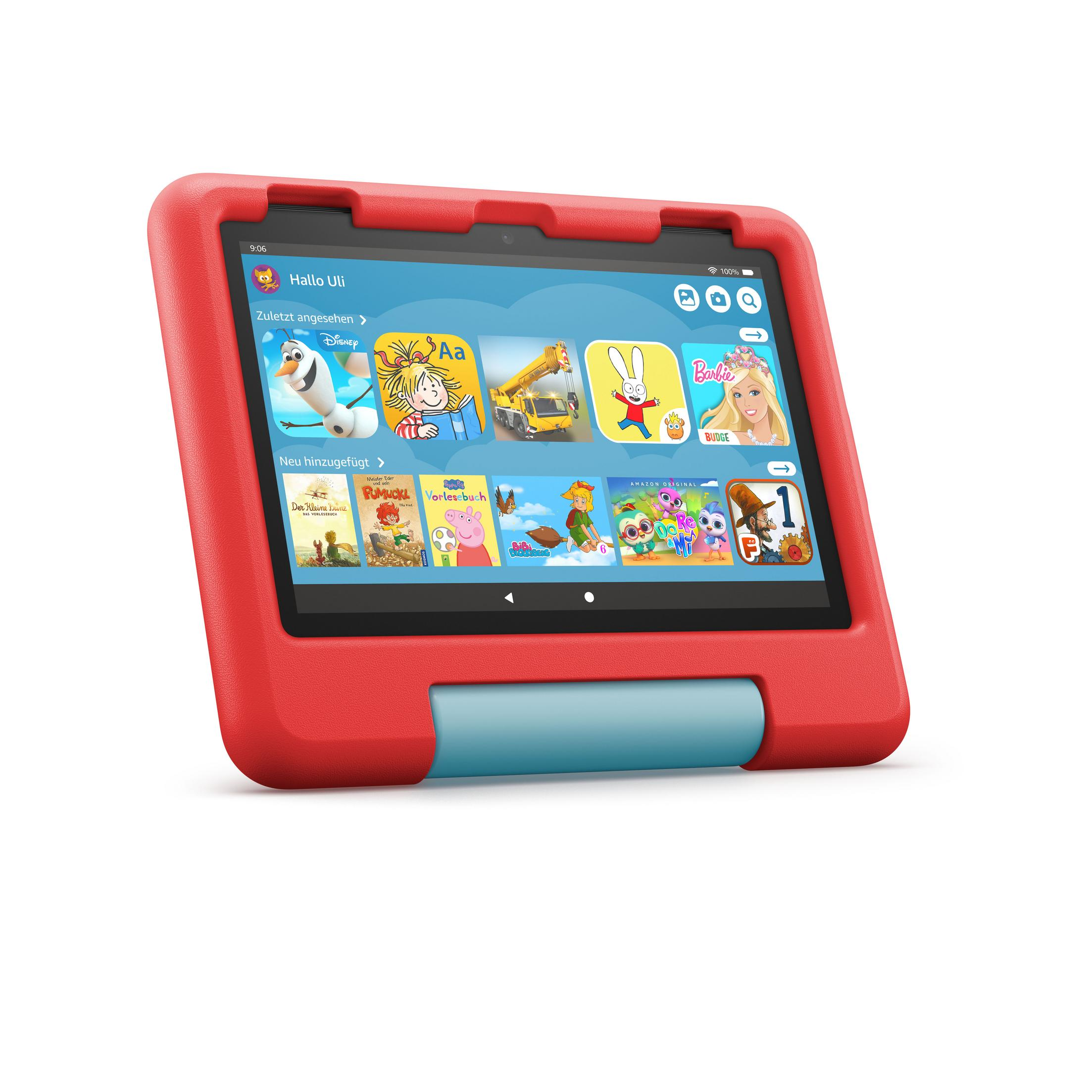 Ein rotes Tablet mit blauem Griff, das eine Kinder-App-Oberfläche anzeigt.