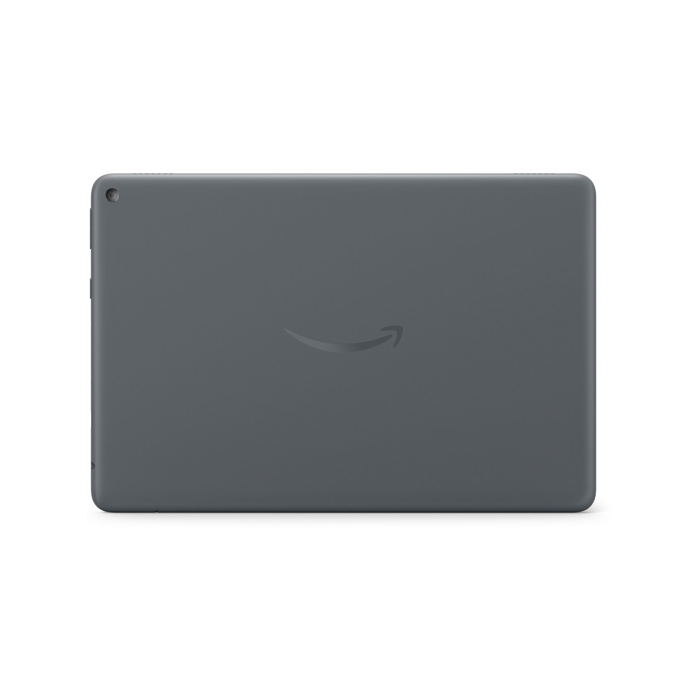 Un tablet grigio scuro, che mostra il retro del dispositivo con un logo Amazon.