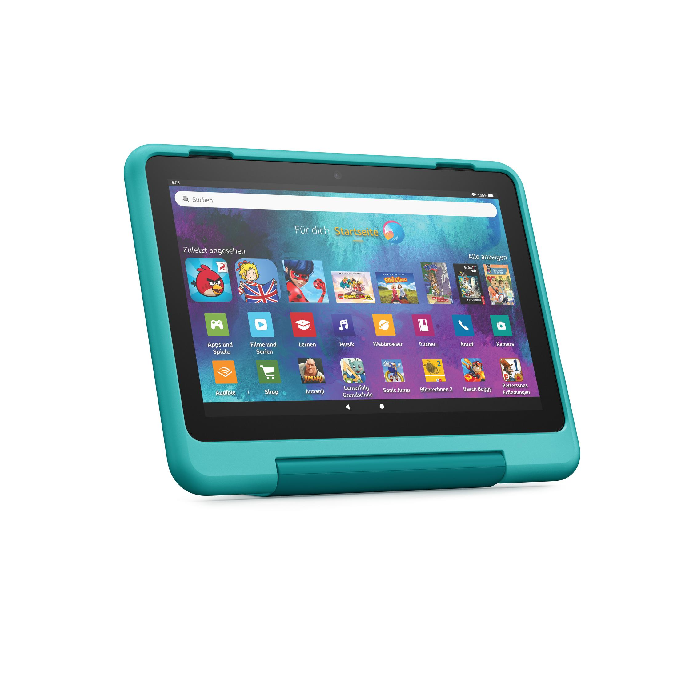 Ein türkisfarbenes Tablet mit türkisfarbenem Gehäuse, das verschiedene Apps anzeigt.