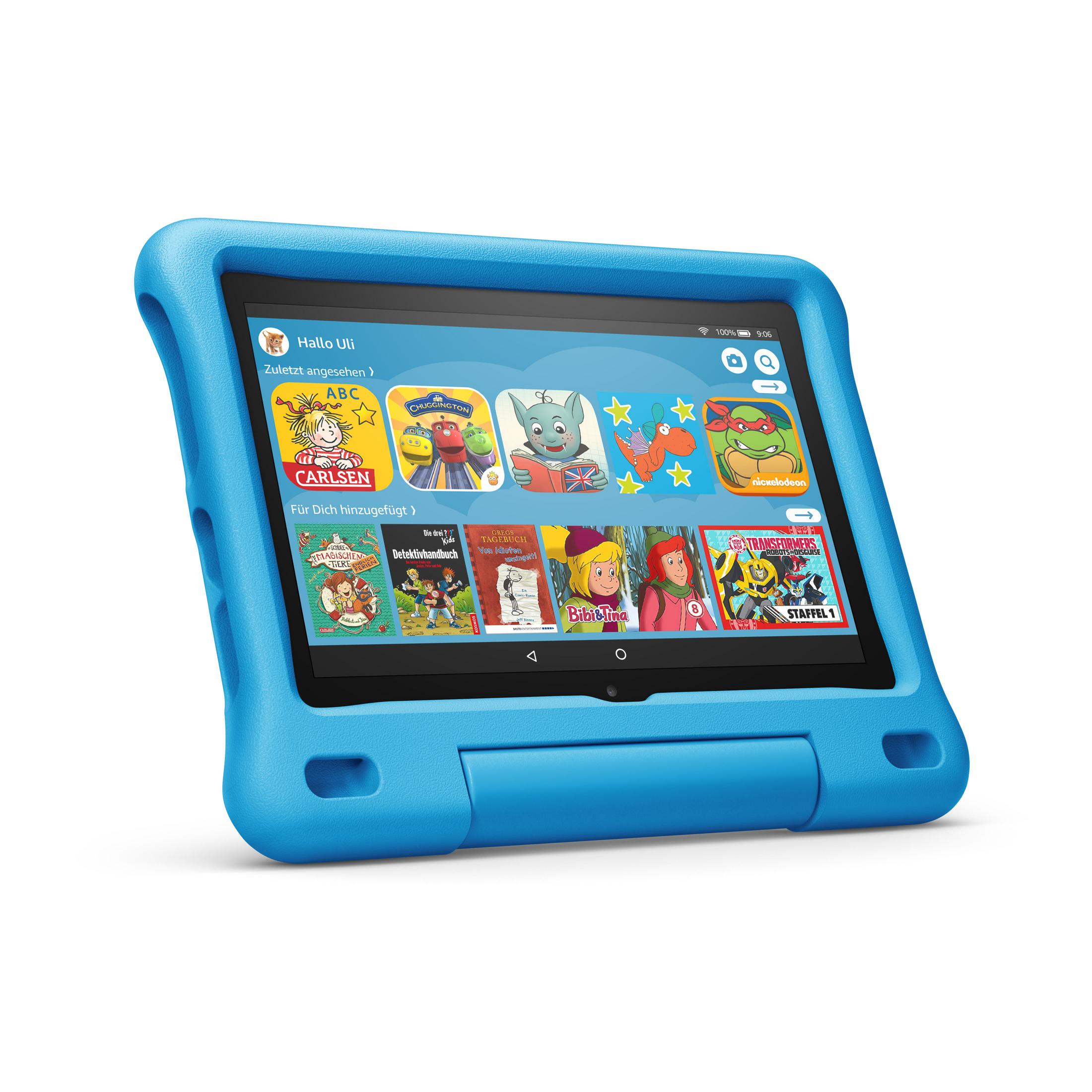 Blaues Kindertablett mit Apps, mit blauem Schutzgehäuse.