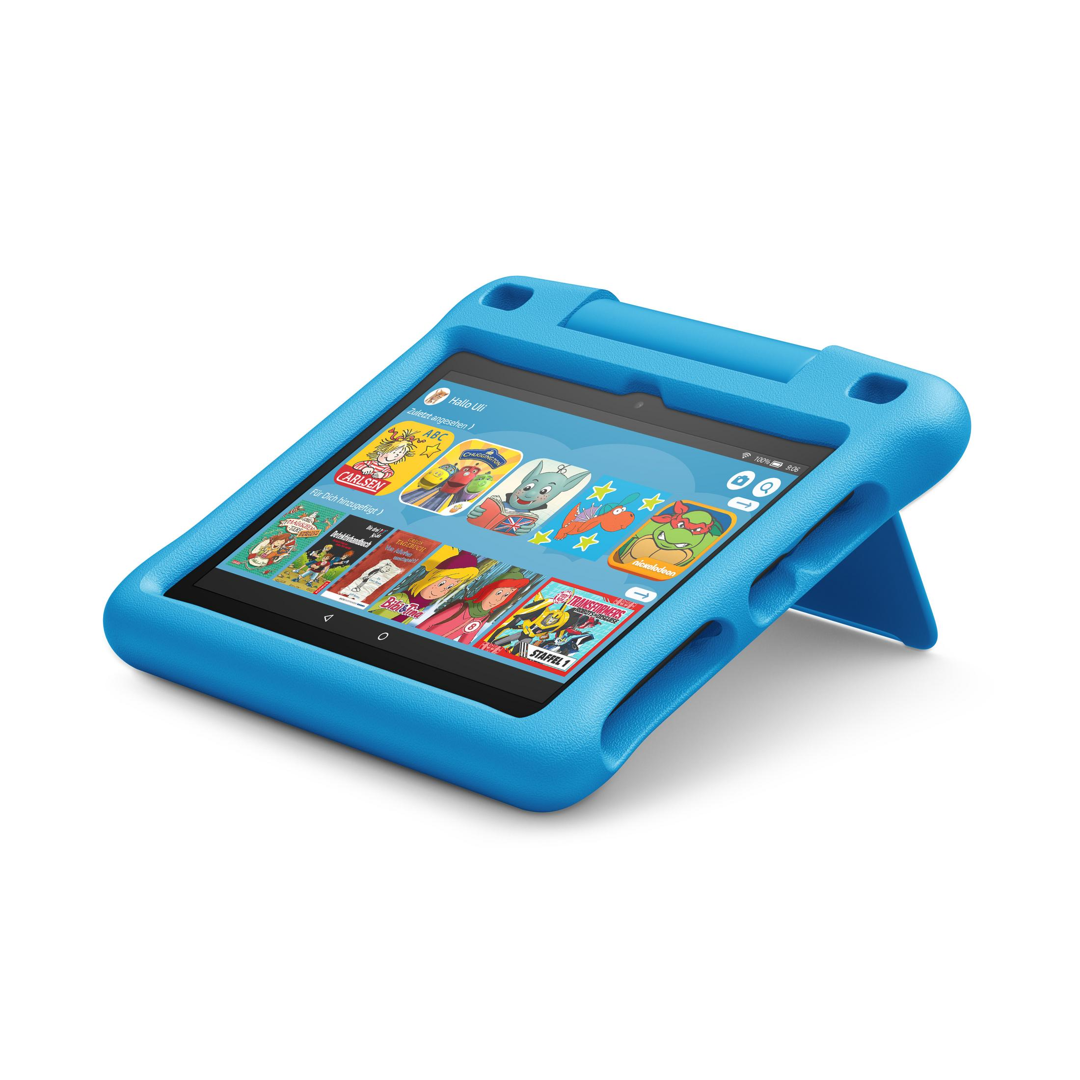 Ein blaues Kindertablet mit blauem Gehäuse, das einen bunten Spielbildschirm zeigt.