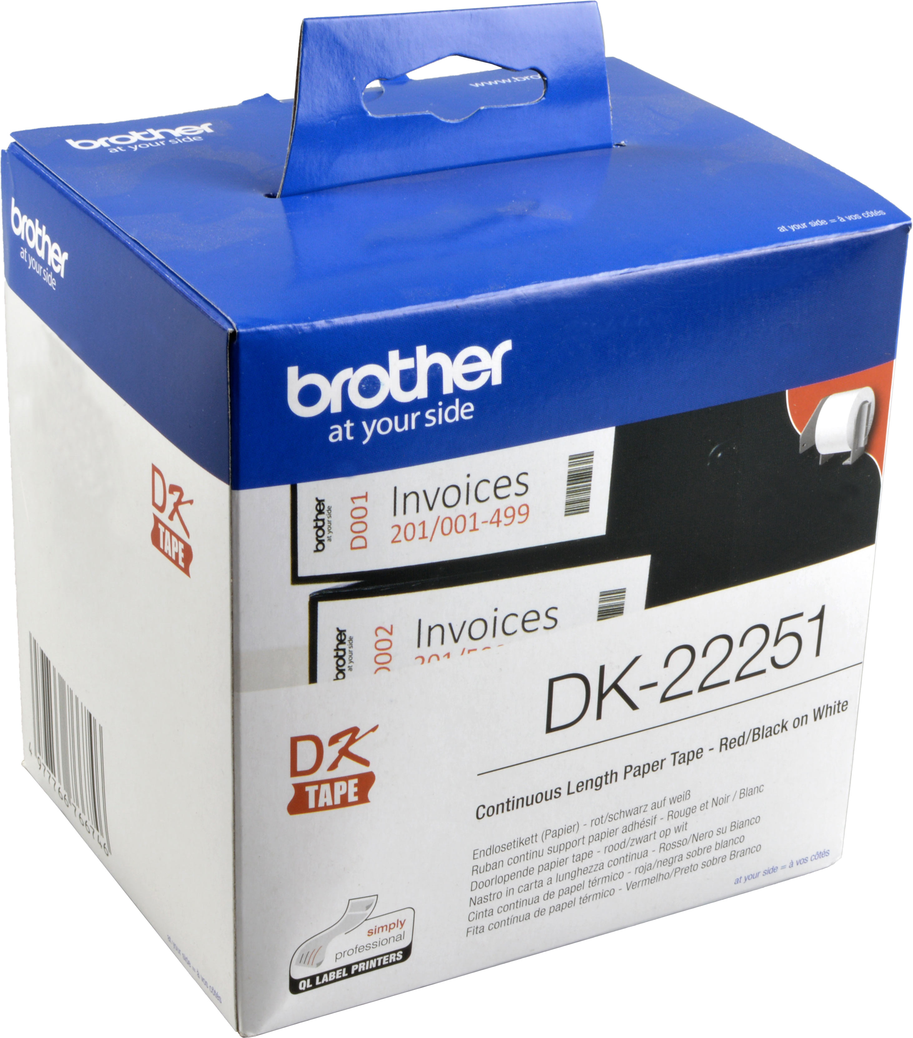 Una caja azul de cinta Brother DK-22251 con etiquetas de papel blanco.