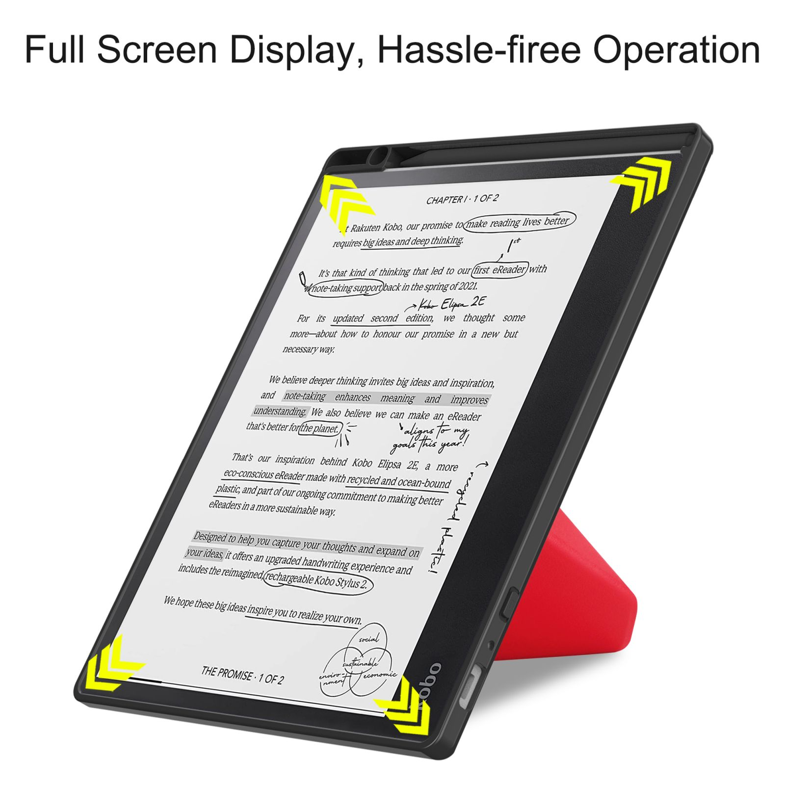 Ein schwarzer E-Reader mit Text auf dem Bildschirm, abgestützt durch einen roten Ständer, vor weißem Hintergrund.