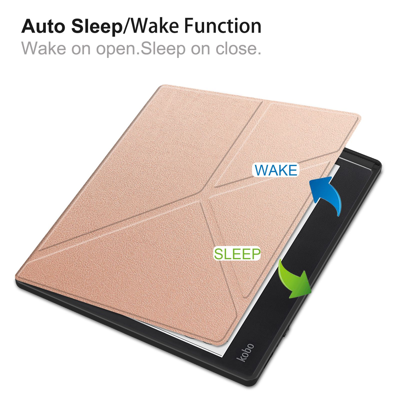 E-Reader mit offenem Cover, das das Wort 'Wake' zeigt.