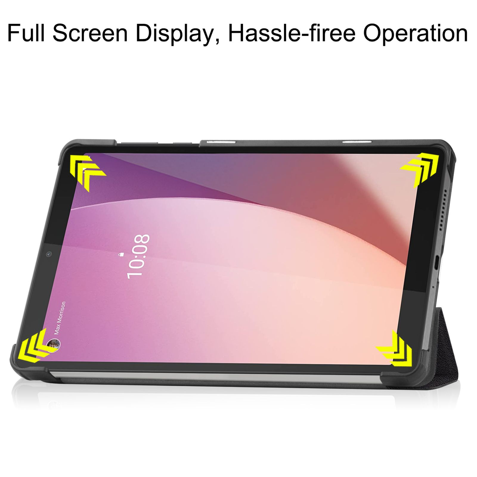 Ein Tablet in einer Hülle zeigt einen Bildschirm mit der Uhrzeit 10:08. Gelbe Pfeile sind in den Ecken.
