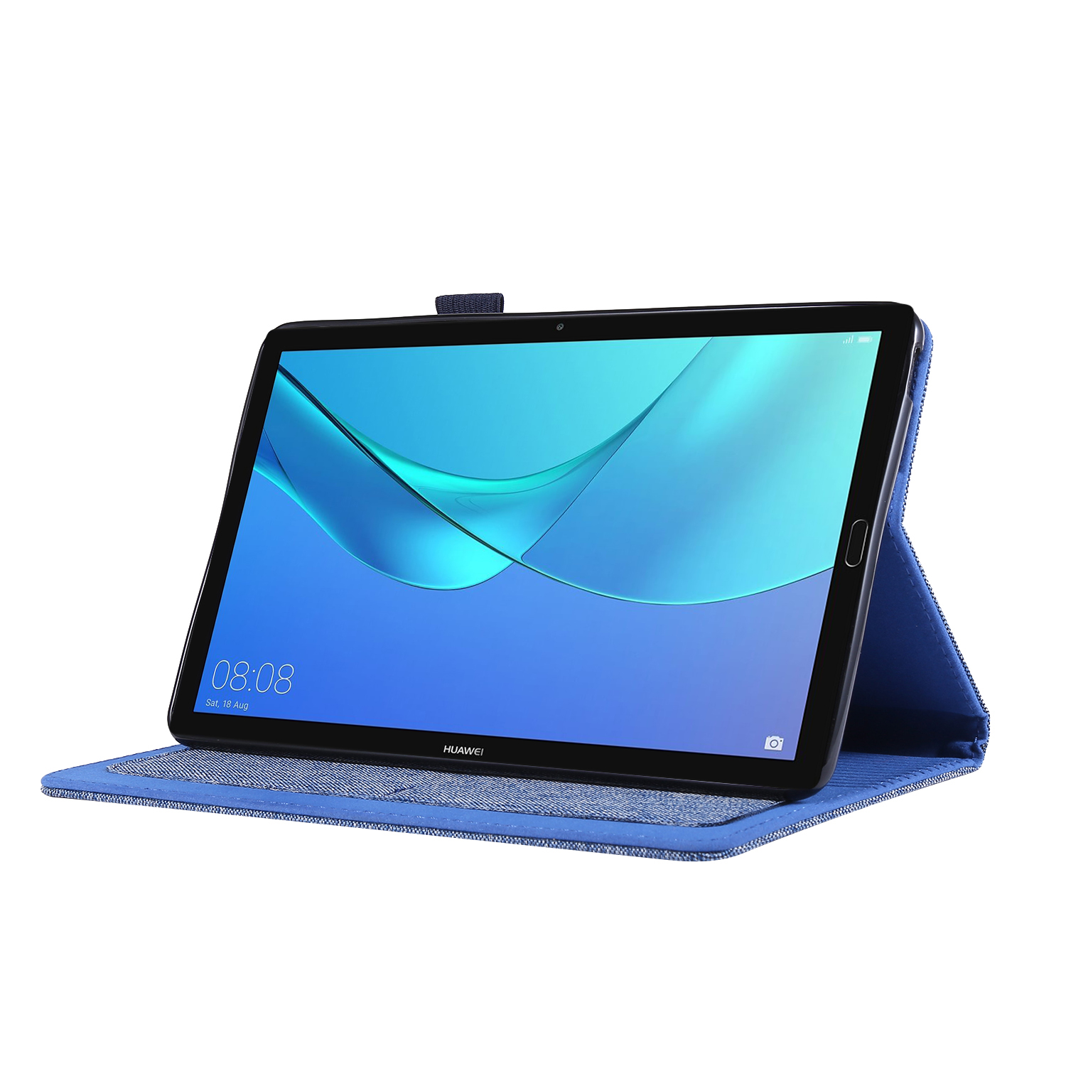 Ein Tablet in einer blauen Hülle, geöffnet und aufgestellt, auf weißem Hintergrund.